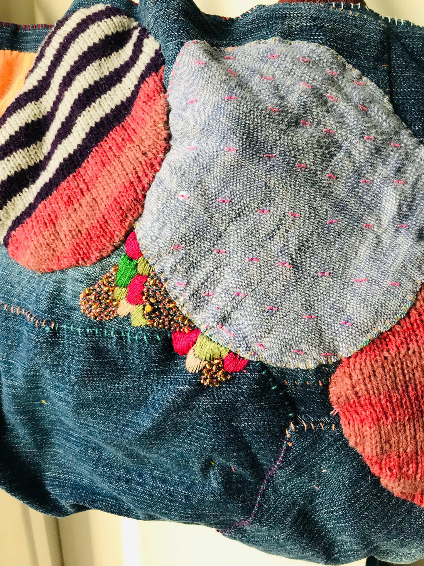 Taske håndsyet taske stof ægte læder håndtag håndlavet 1631 