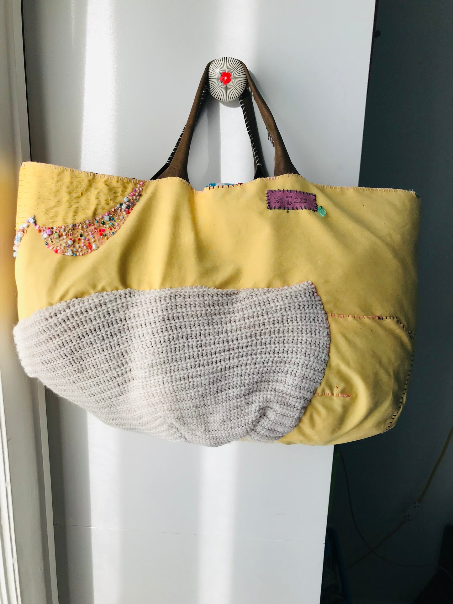 Taske håndsyet taske stof ægte læder håndtag håndlavet 1628