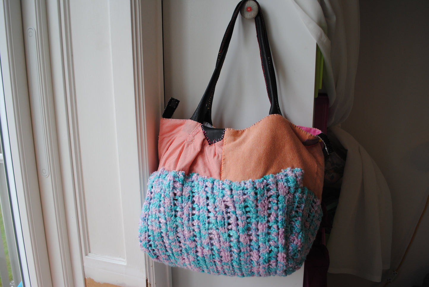 Taske håndsyet taske stof ægte læder håndtag håndlavet 1613