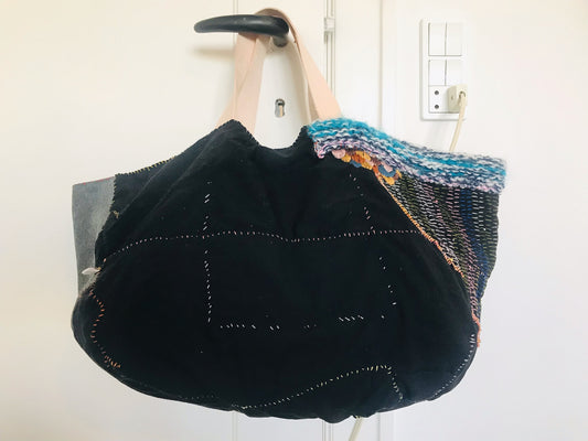 Taske håndsyet taske stof ægte læder håndtag slow fashion håndlavet 1668 