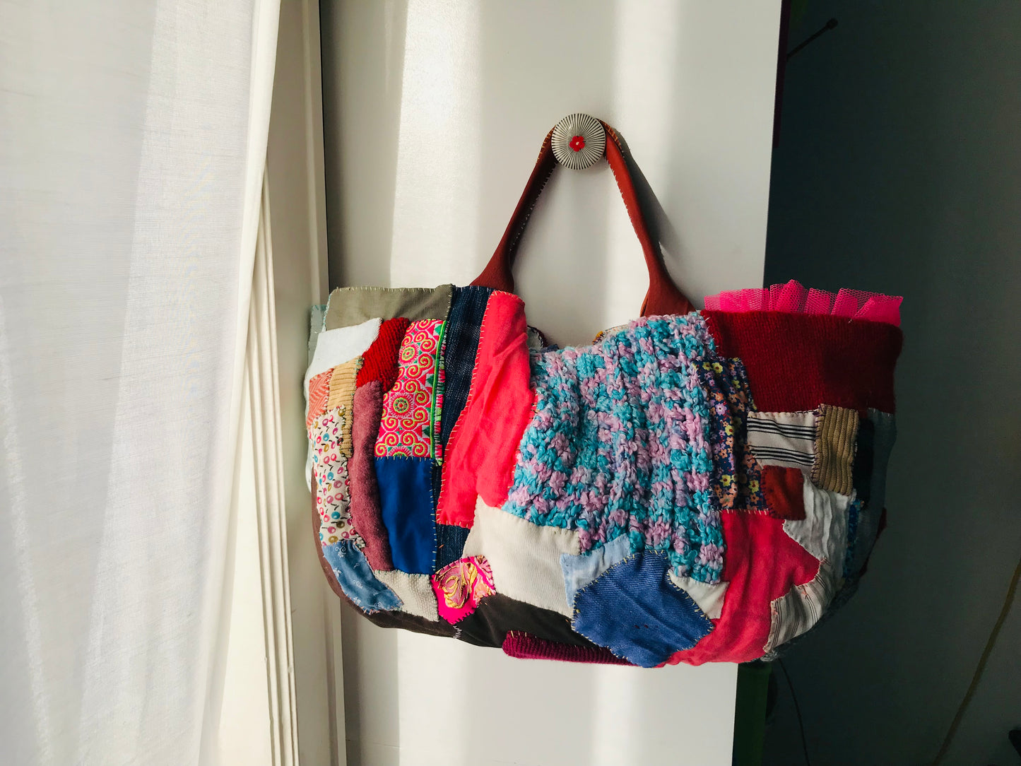 Taske håndsyet taske stof ægte læder håndtag håndlavet 1622 