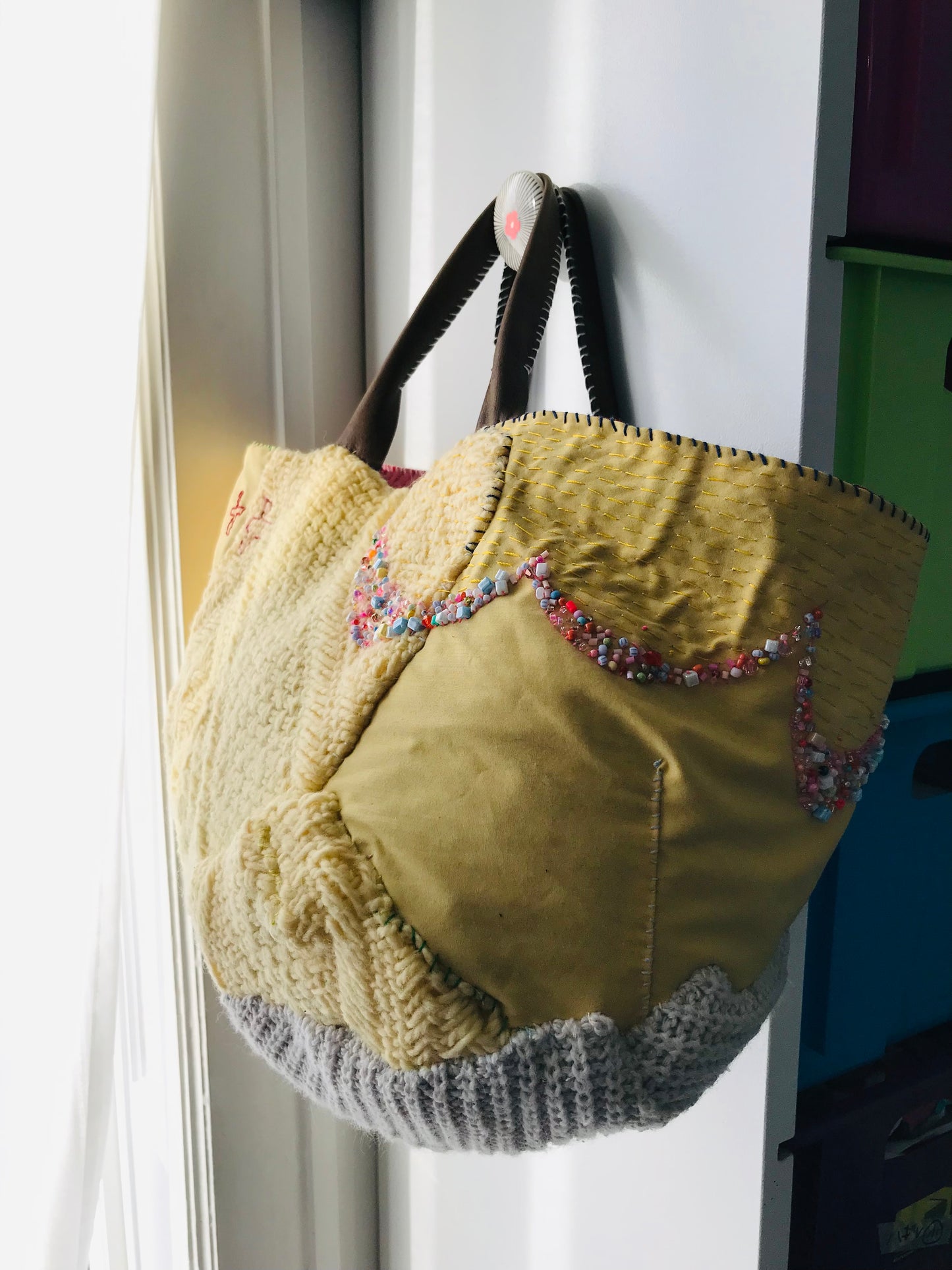 Taske håndsyet taske stof ægte læder håndtag håndlavet 1628