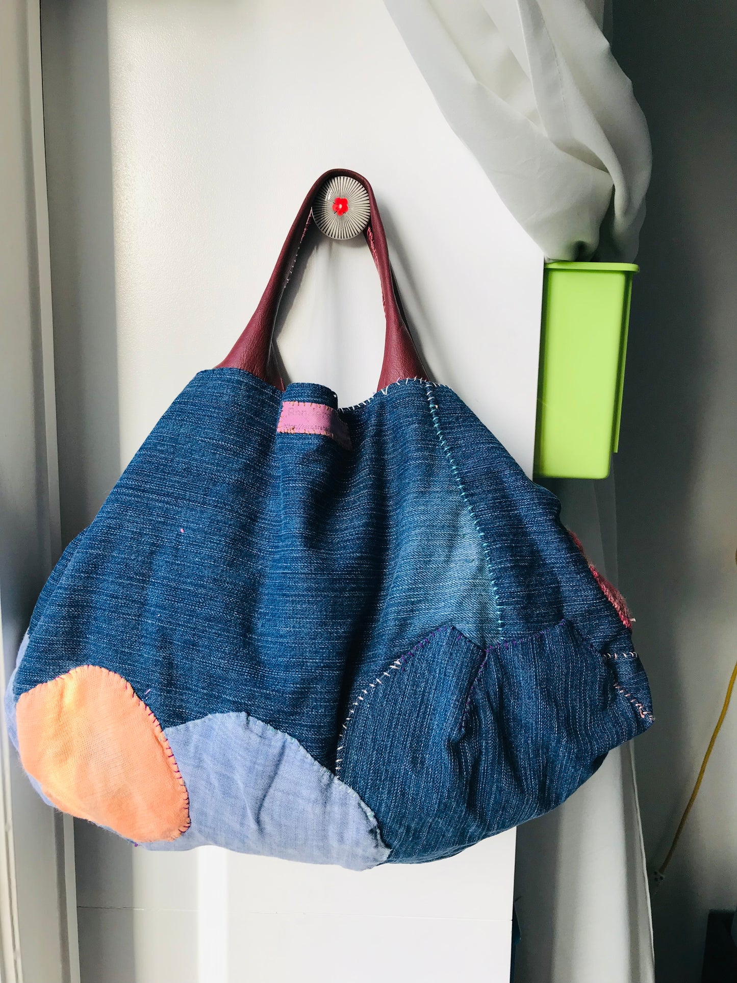 Taske håndsyet taske stof ægte læder håndtag håndlavet 1631 