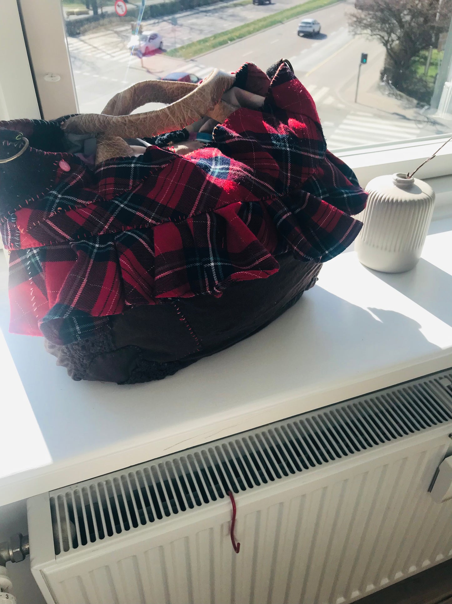 Taske håndsyet taske stof ægte læder håndtag slow fashion håndlavet 1702 