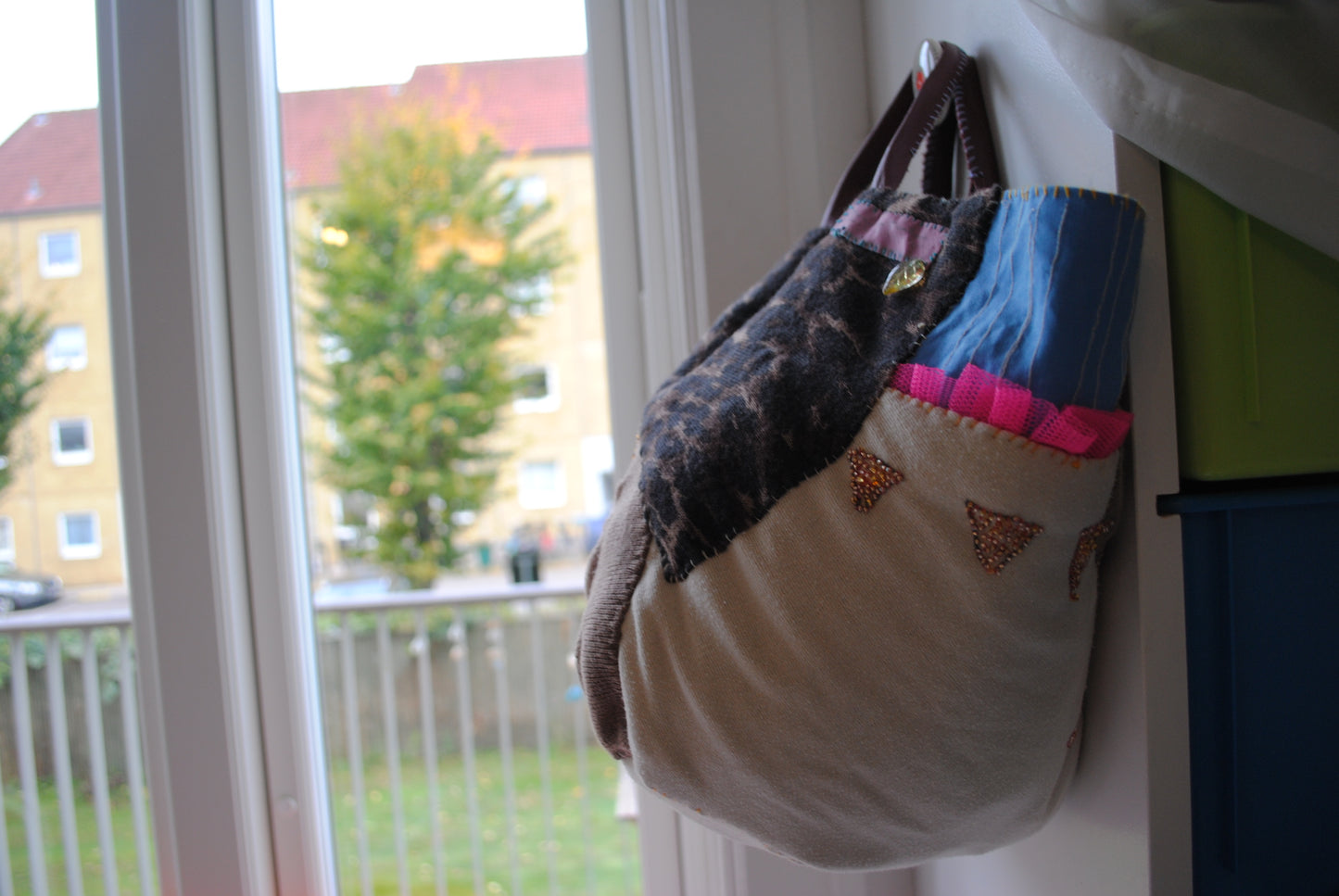 Taske håndsyet taske stof ægte læder håndtag håndlavet 1581