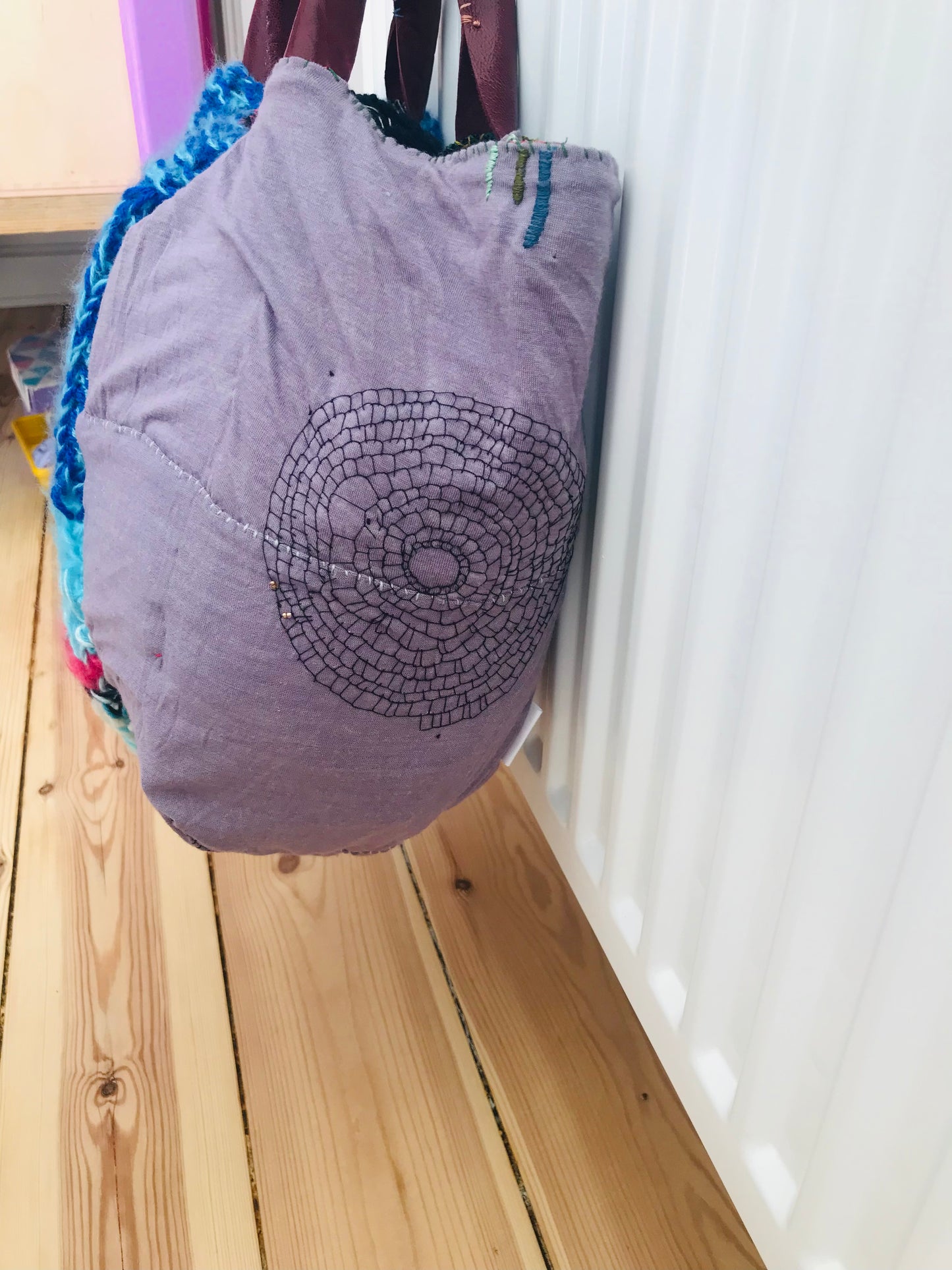 Taske håndsyet taske stof ægte læder håndtag slow fashion håndlavet 1696 