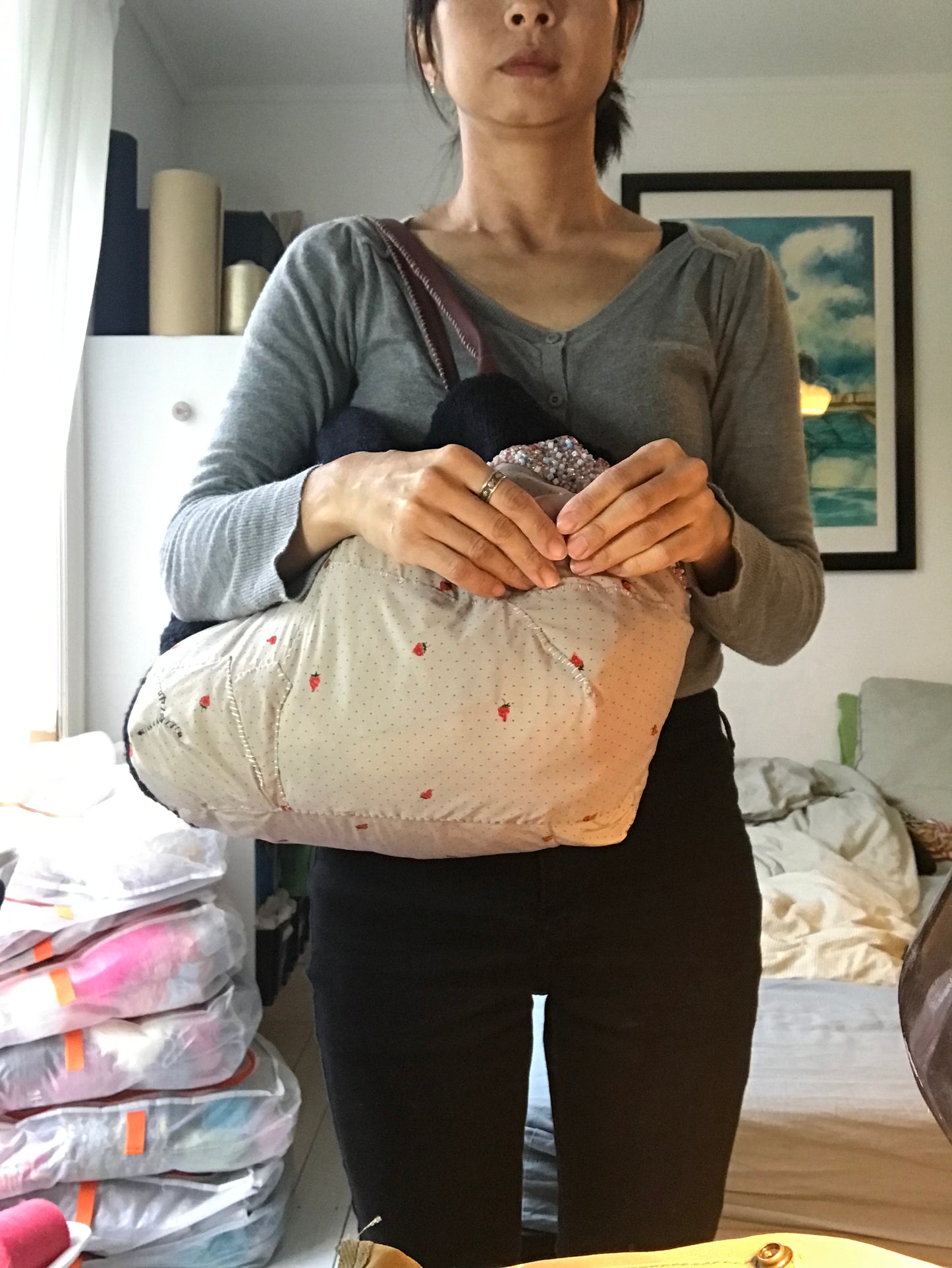 Taske håndsyet taske stof ægte læder håndtag håndlavet 1614