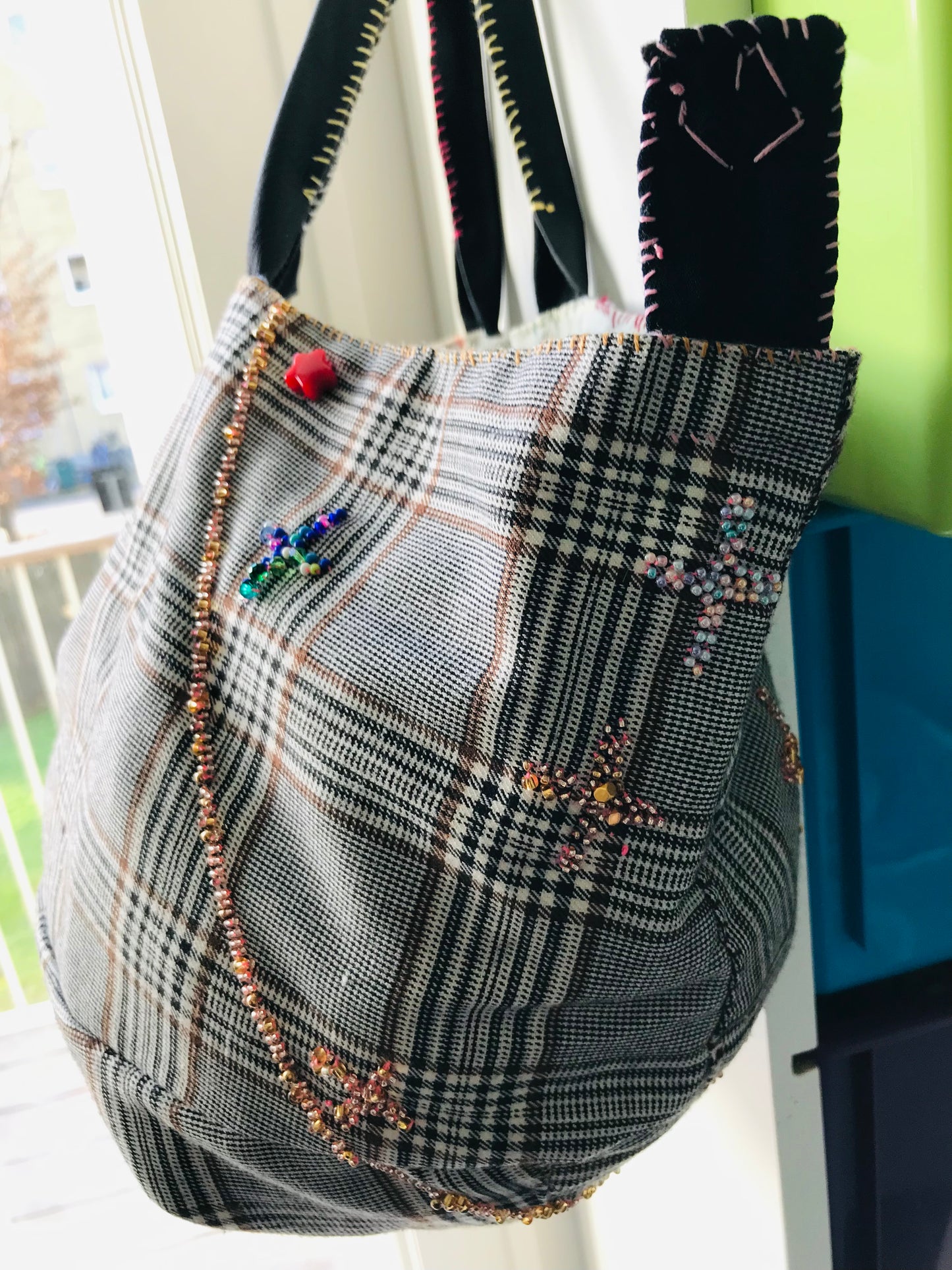 Taske håndsyet taske stof ægte læder håndtag håndlavet 1626 