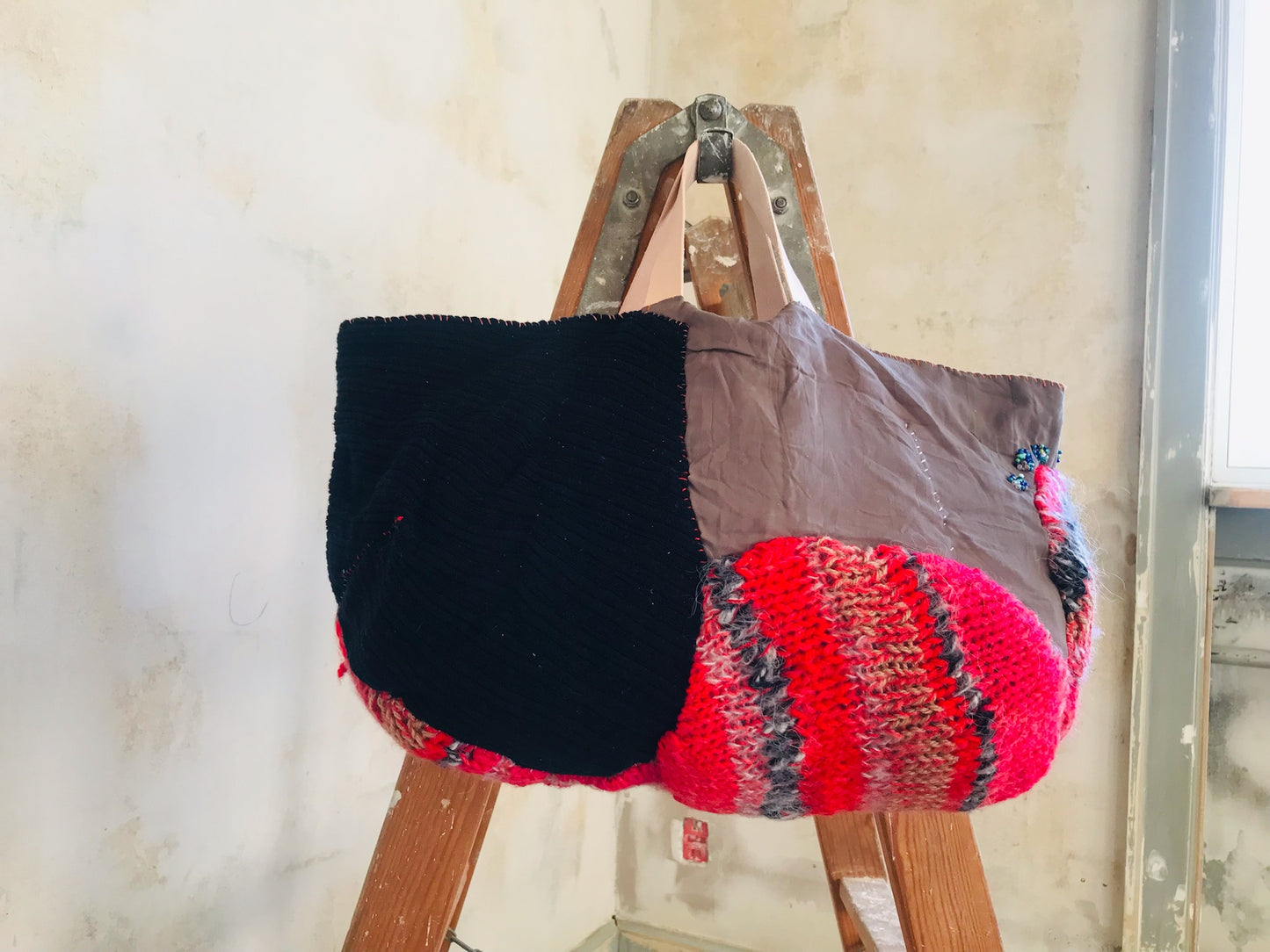 Taske håndsyet taske stof ægte læder håndtag slow fashion håndlavet 1670 