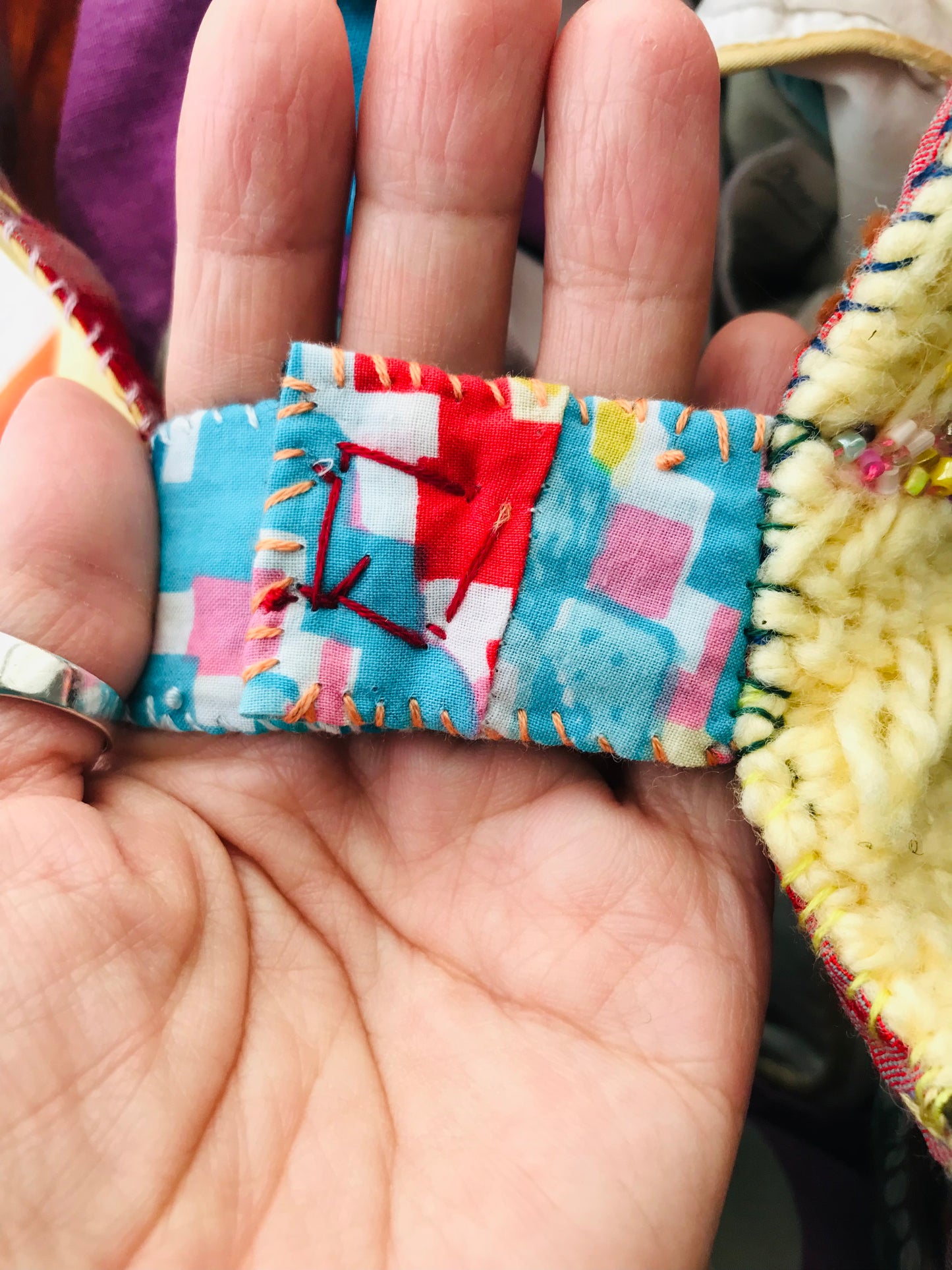 Taske håndsyet taske stof ægte læder håndtag håndlavet 1628