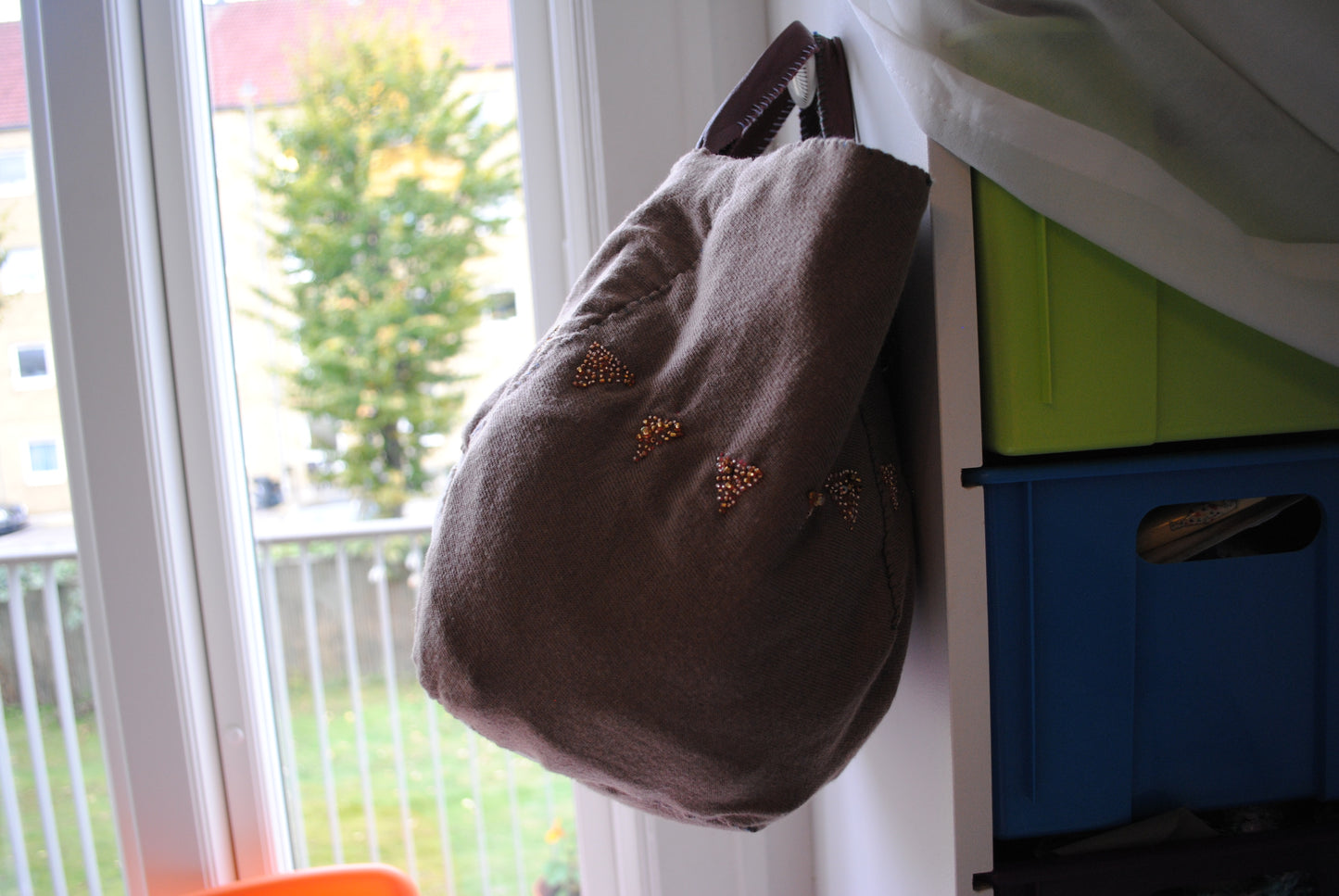 Taske håndsyet taske stof ægte læder håndtag håndlavet 1581