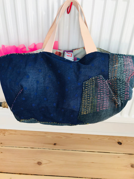 Taske håndsyet taske stof ægte læder håndtag slow fashion håndlavet 1697