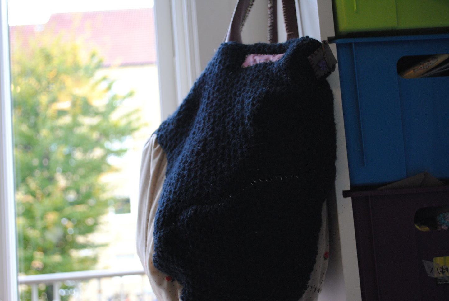 Taske håndsyet taske stof ægte læder håndtag håndlavet 1614