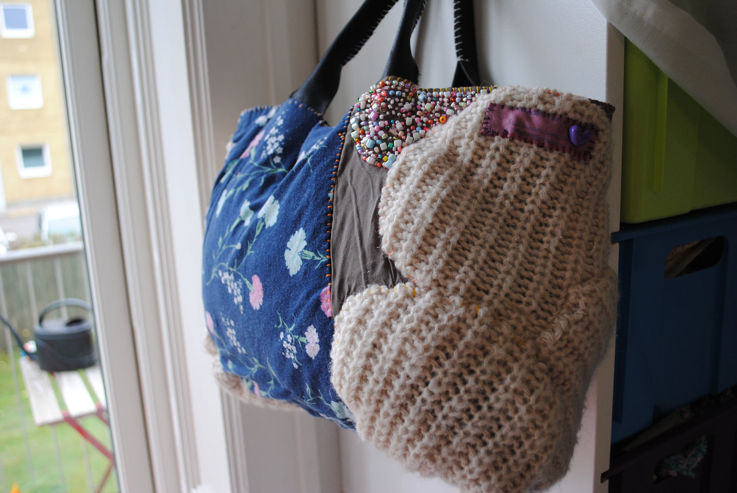 Taske håndsyet taske stof ægte læder håndtag håndlavet 1615