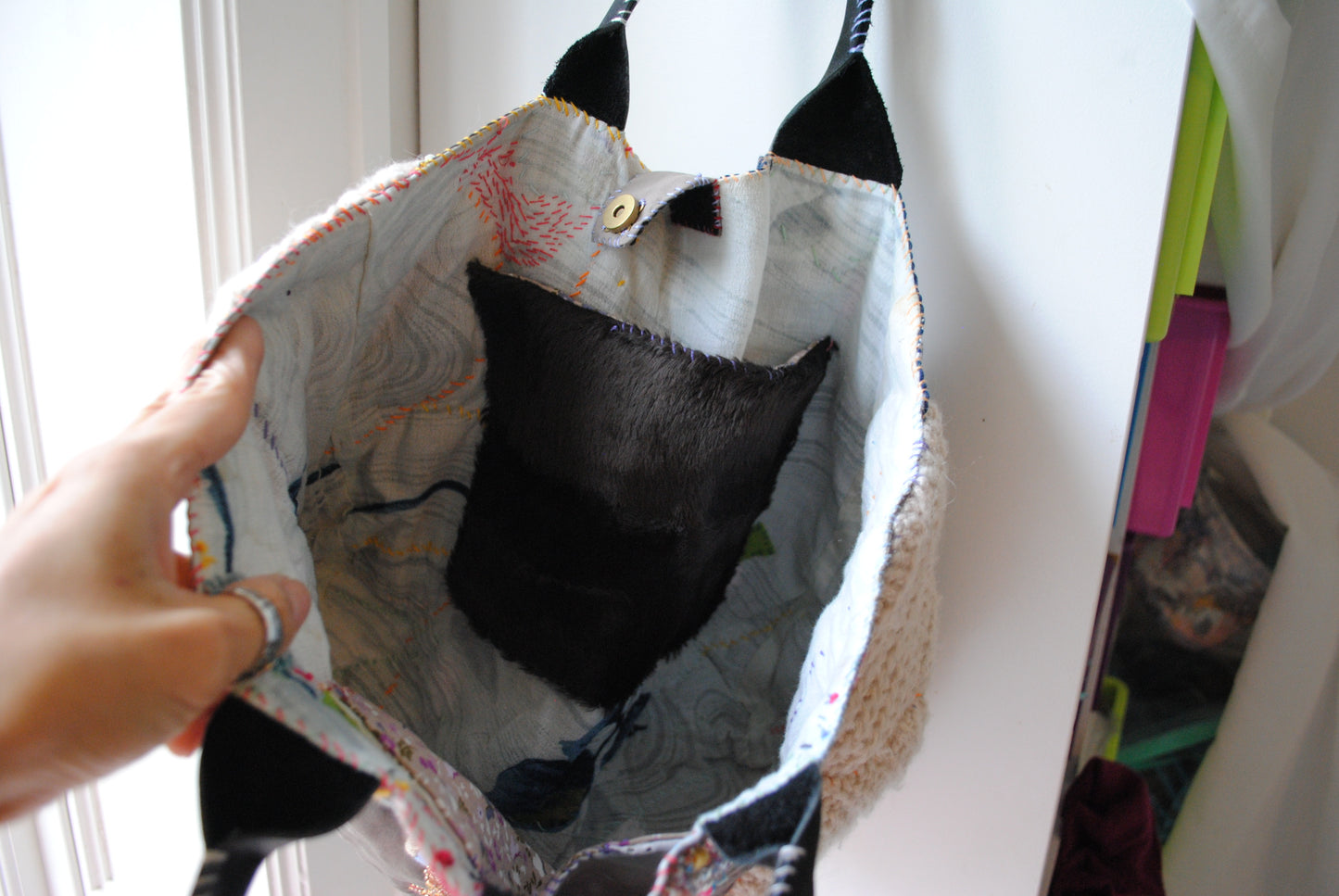 Taske håndsyet taske stof ægte læder håndtag håndlavet 1615