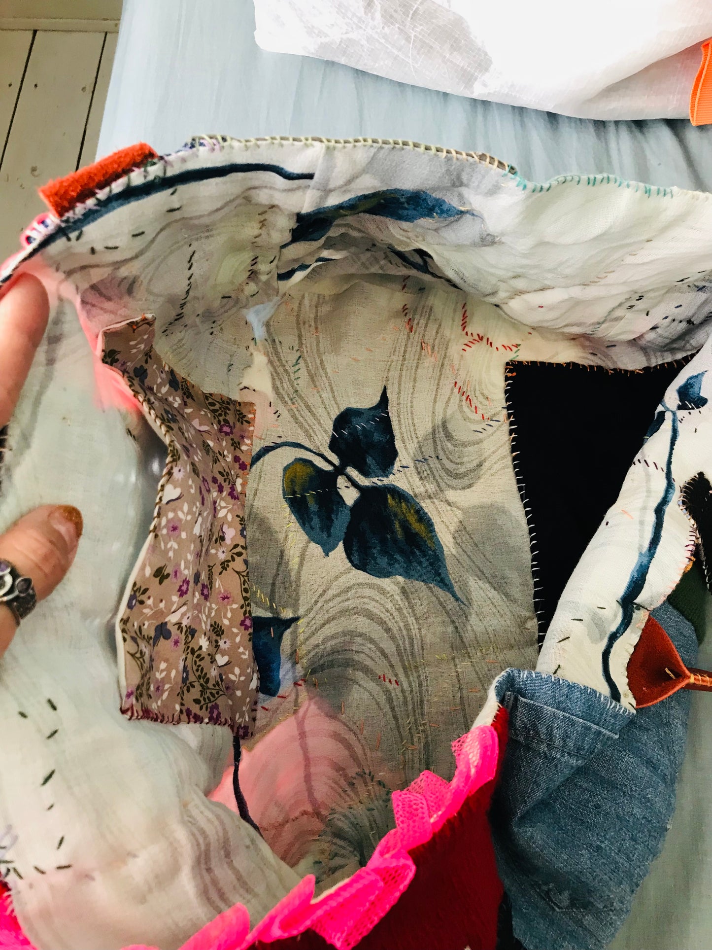 Taske håndsyet taske stof ægte læder håndtag håndlavet 1622 