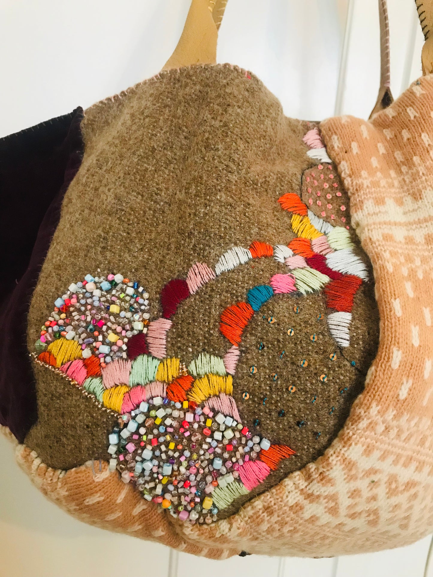 Taske håndsyet taske stof ægte læder håndtag slow fashion håndlavet 1687 