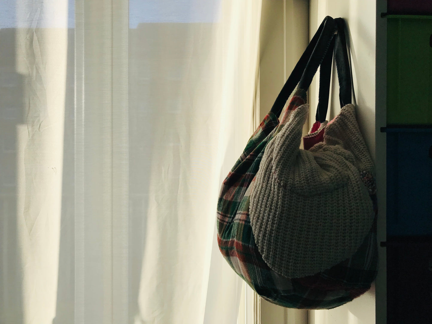 Taske håndsyet taske stof ægte læder håndtag håndlavet 1629 