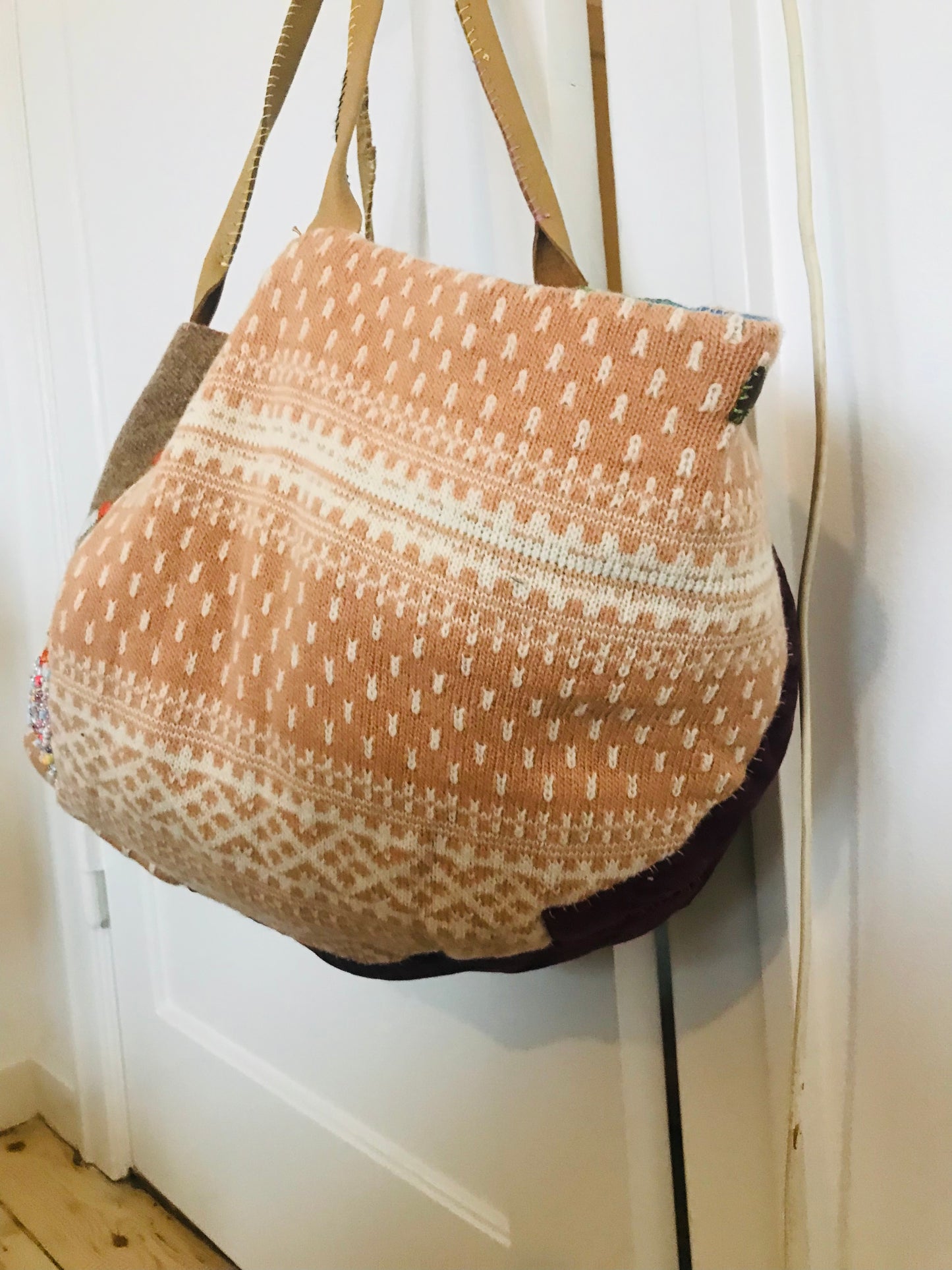 Taske håndsyet taske stof ægte læder håndtag slow fashion håndlavet 1687 