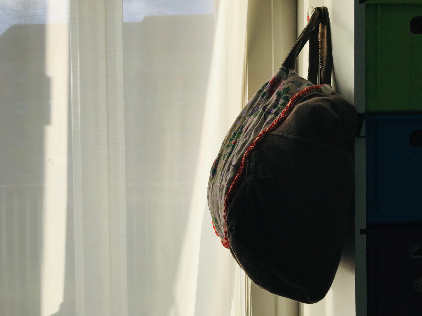 Taske håndsyet taske stof ægte læder håndtag håndlavet 1630 