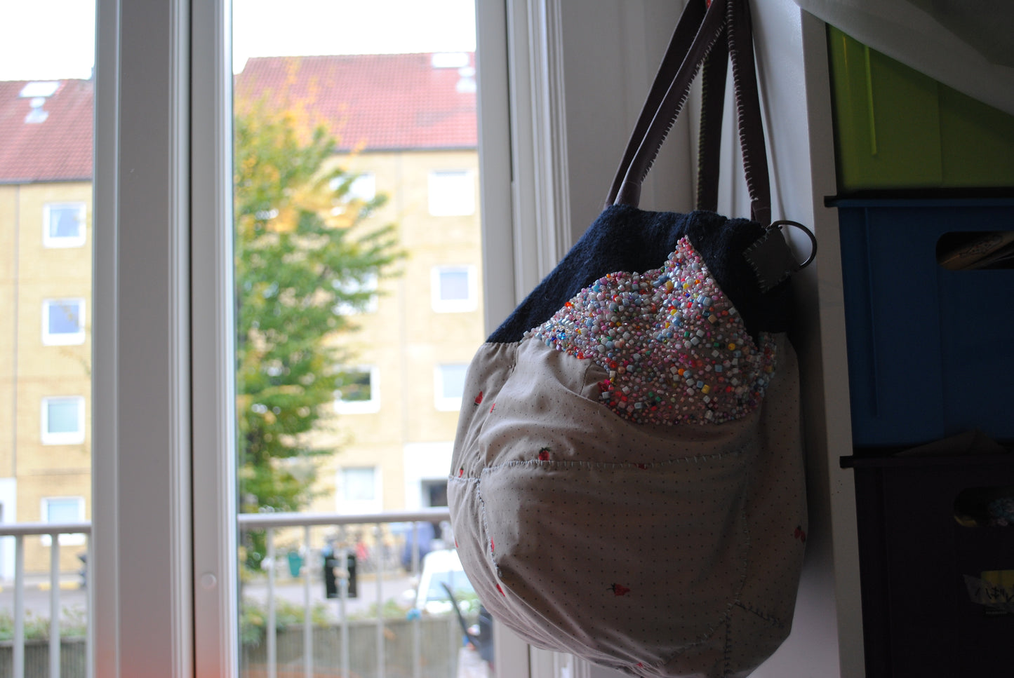 Taske håndsyet taske stof ægte læder håndtag håndlavet 1614