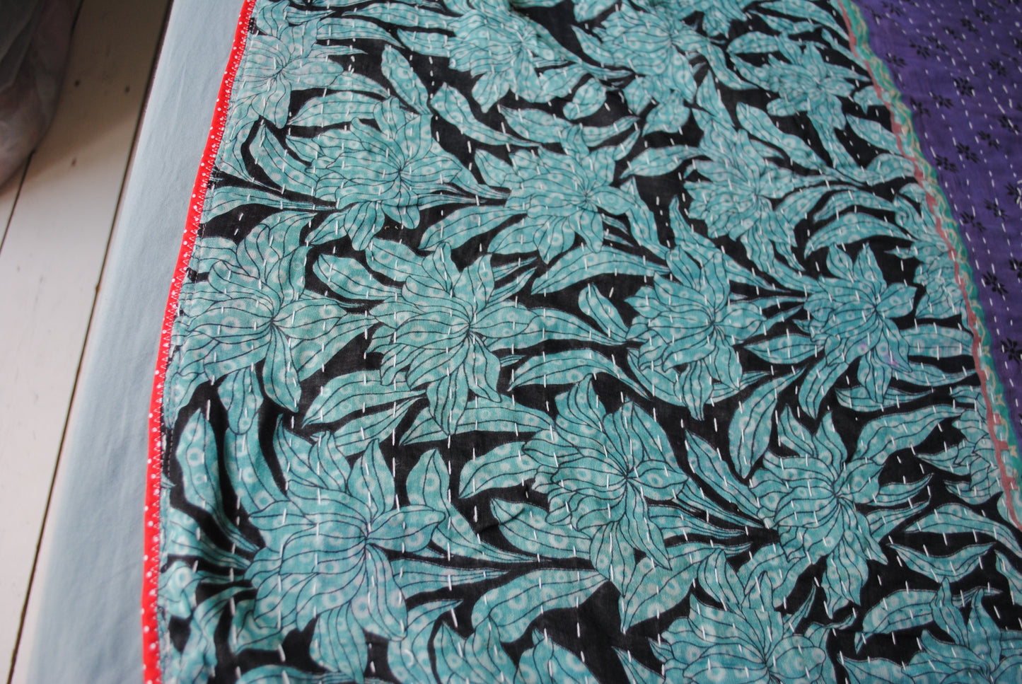 ヴィンテージ　カンタ　キルト　フリンジ　ハンドメイド　コットン　手縫い　インド　民族　1658