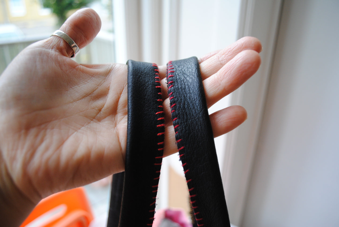 Taske håndsyet taske stof ægte læder håndtag håndlavet 1613