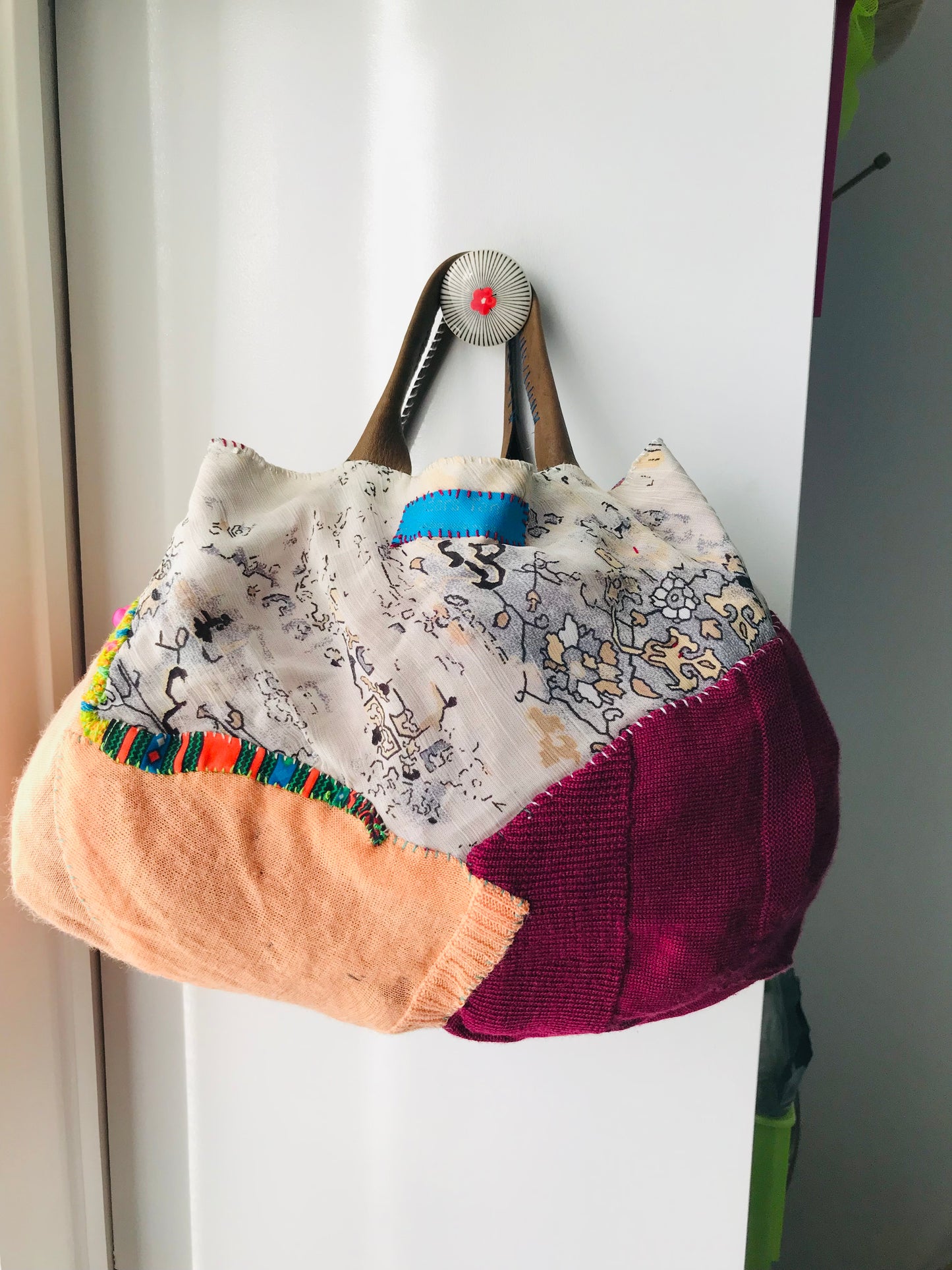 Taske håndsyet taske stof ægte læder håndtag håndlavet 1627