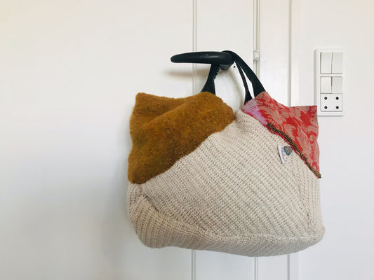 Taske håndsyet taske stof ægte læder håndtag slow fashion håndlavet 1664 