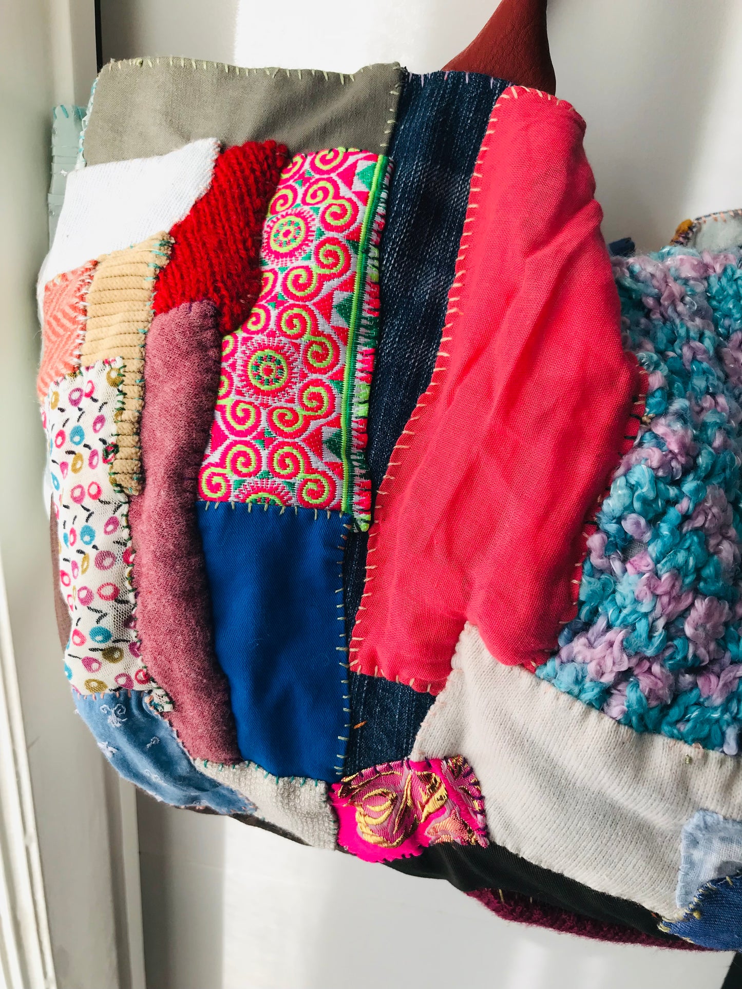 Taske håndsyet taske stof ægte læder håndtag håndlavet 1622 