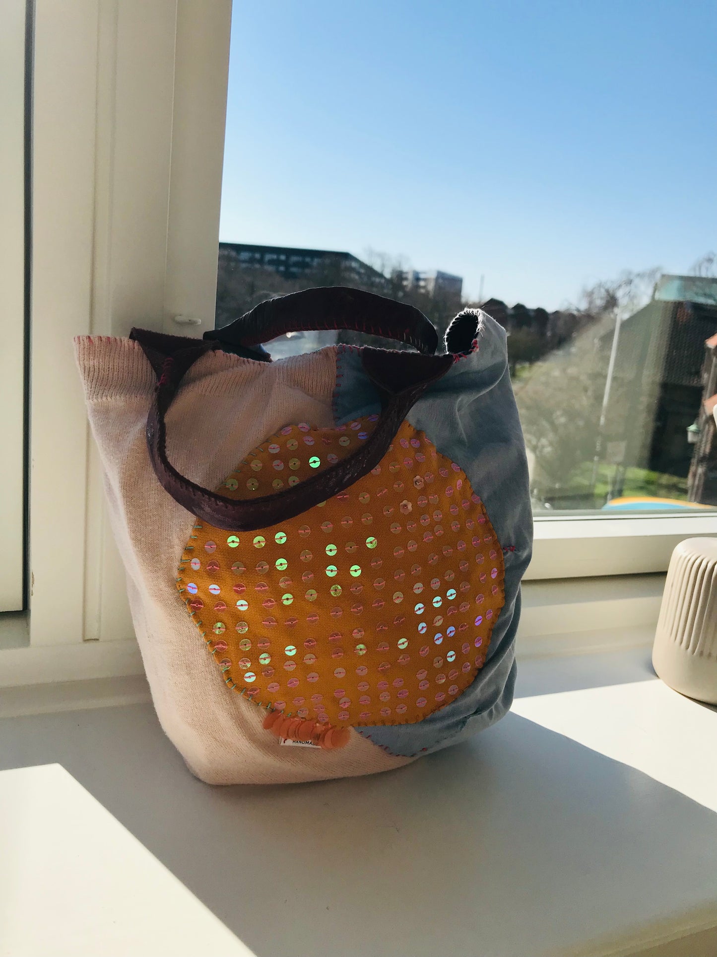 Taske håndsyet taske stof ægte læder håndtag slow fashion håndlavet 1701 