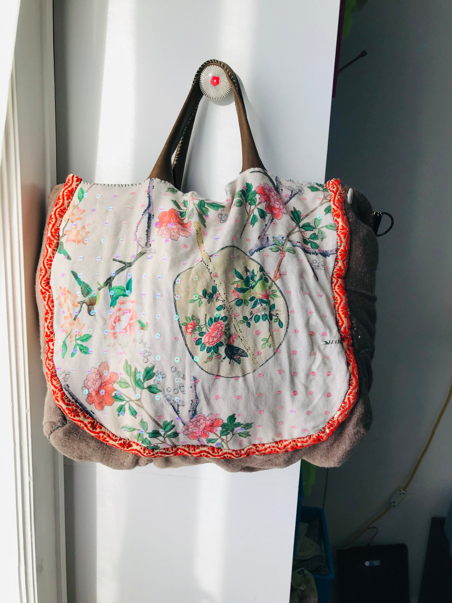 Taske håndsyet taske stof ægte læder håndtag håndlavet 1630 