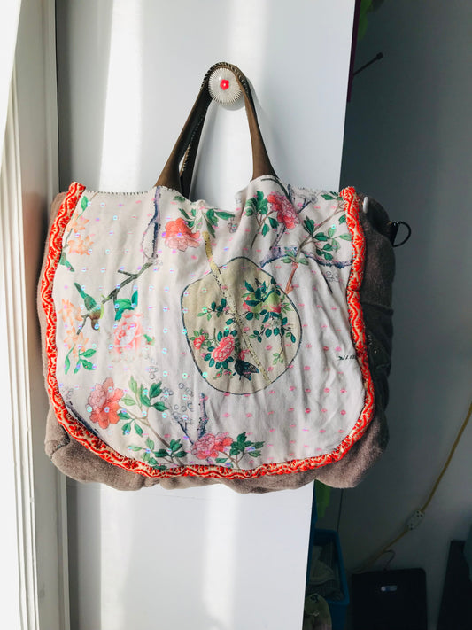 Taske håndsyet taske stof ægte læder håndtag håndlavet 1630 