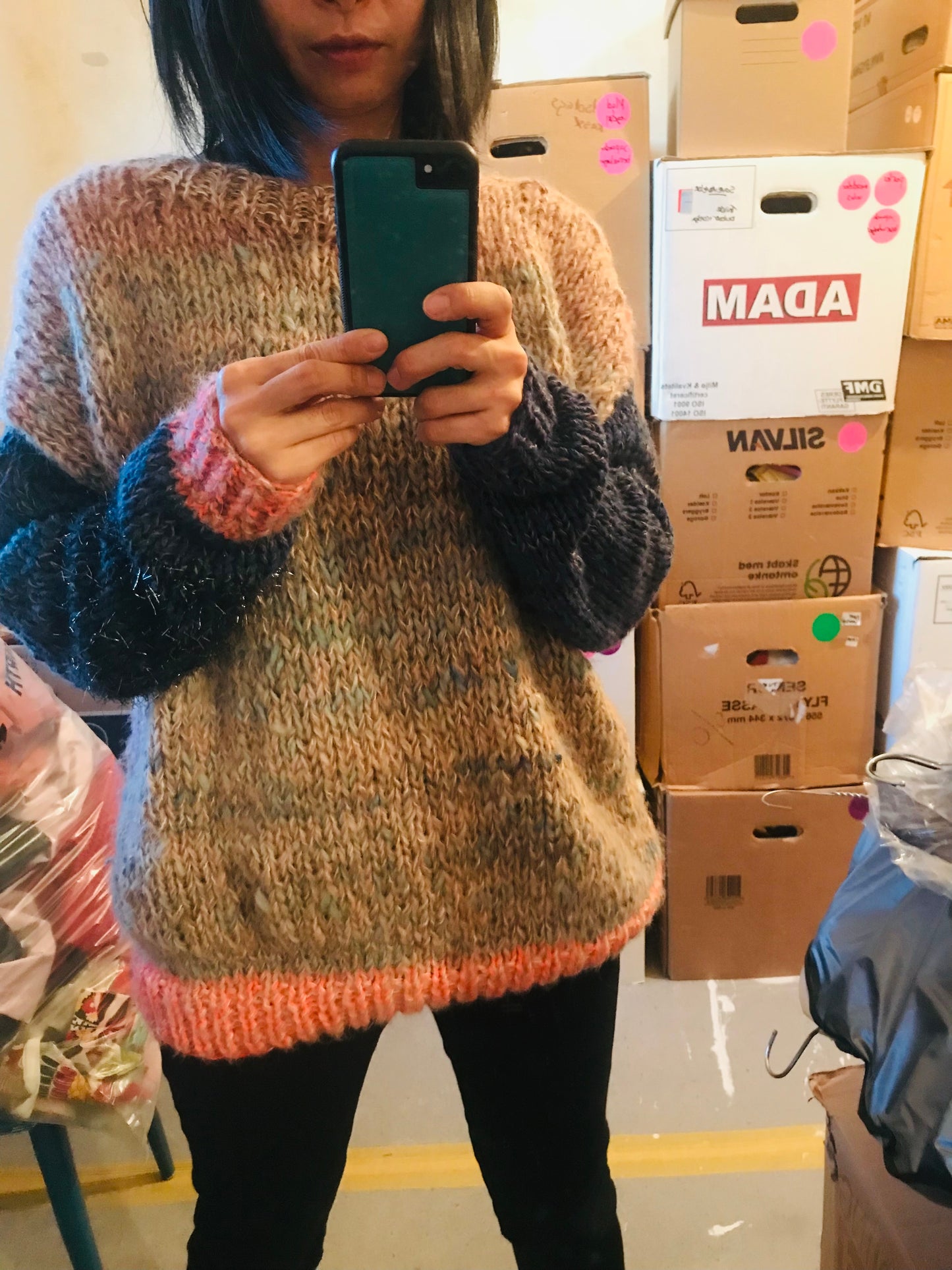 Sweater håndstrikket blandet garn vinter groft oversized slow fashion 1692