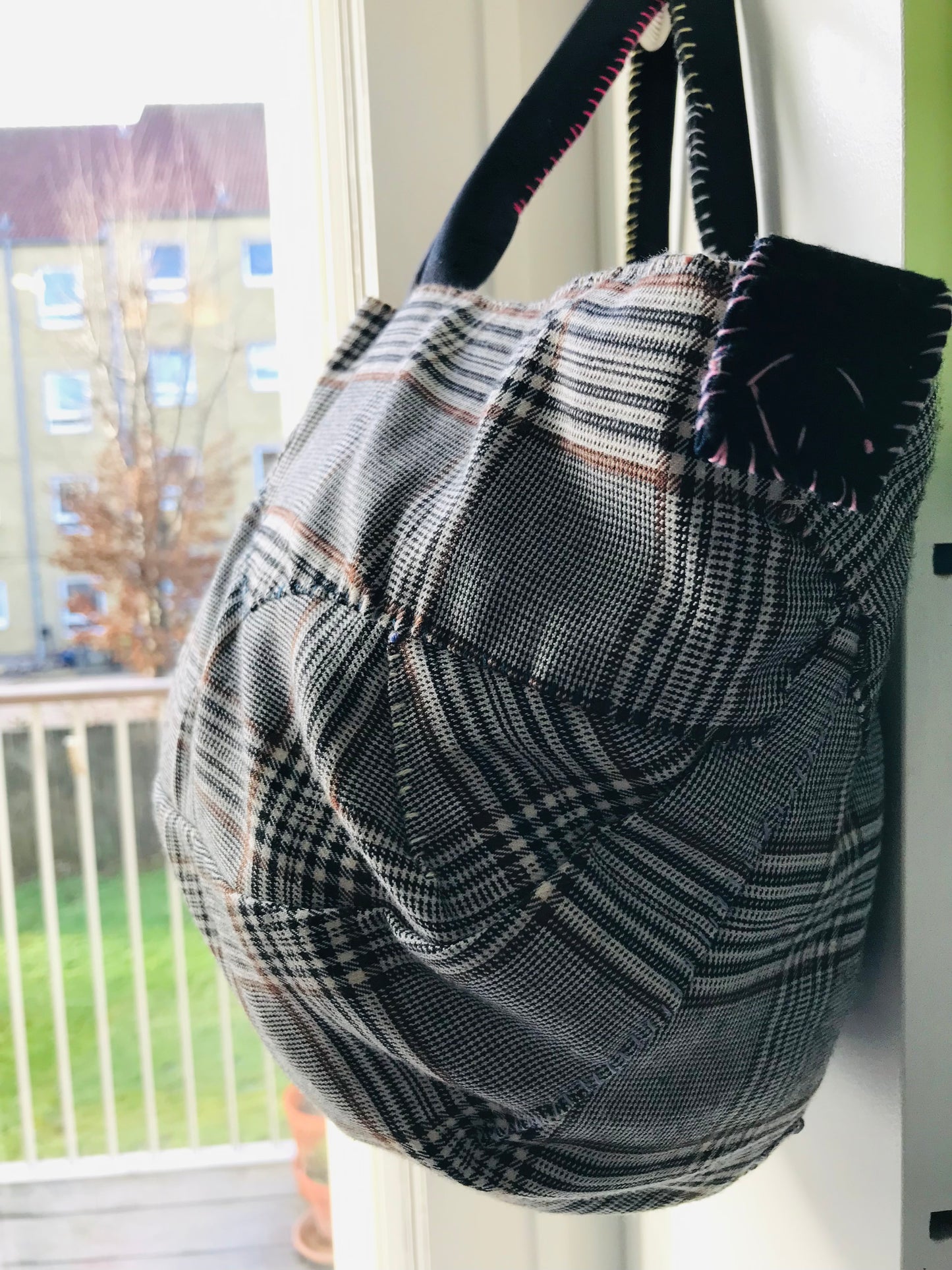 Taske håndsyet taske stof ægte læder håndtag håndlavet 1626 