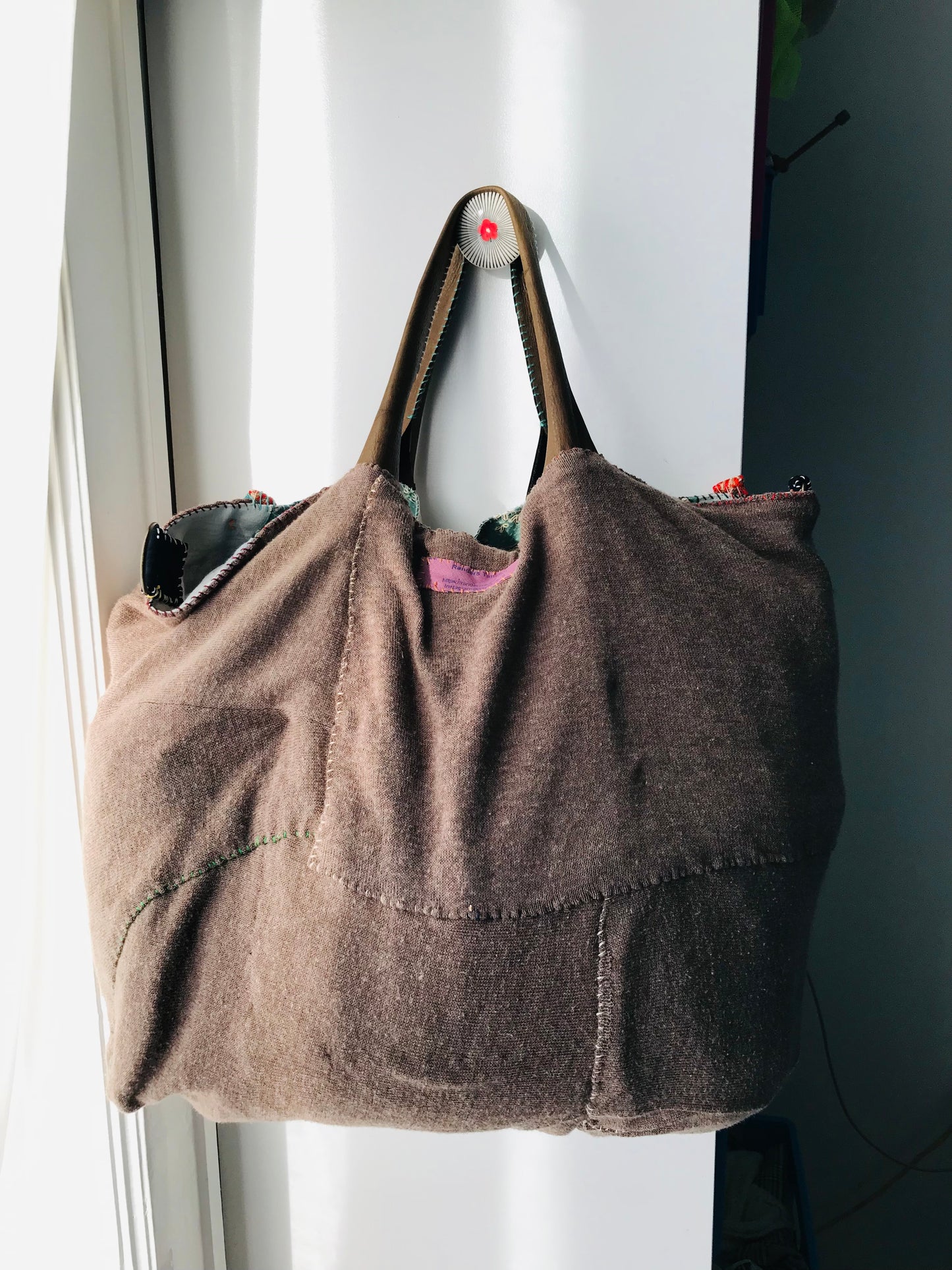 Taske håndsyet taske stof ægte læder håndtag håndlavet 1630 