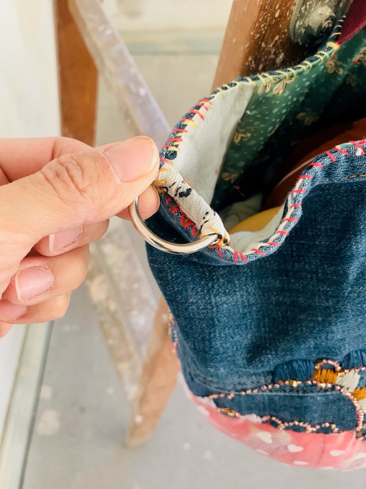 Taske håndsyet taske stof ægte læder håndtag slow fashion håndlavet 1672 