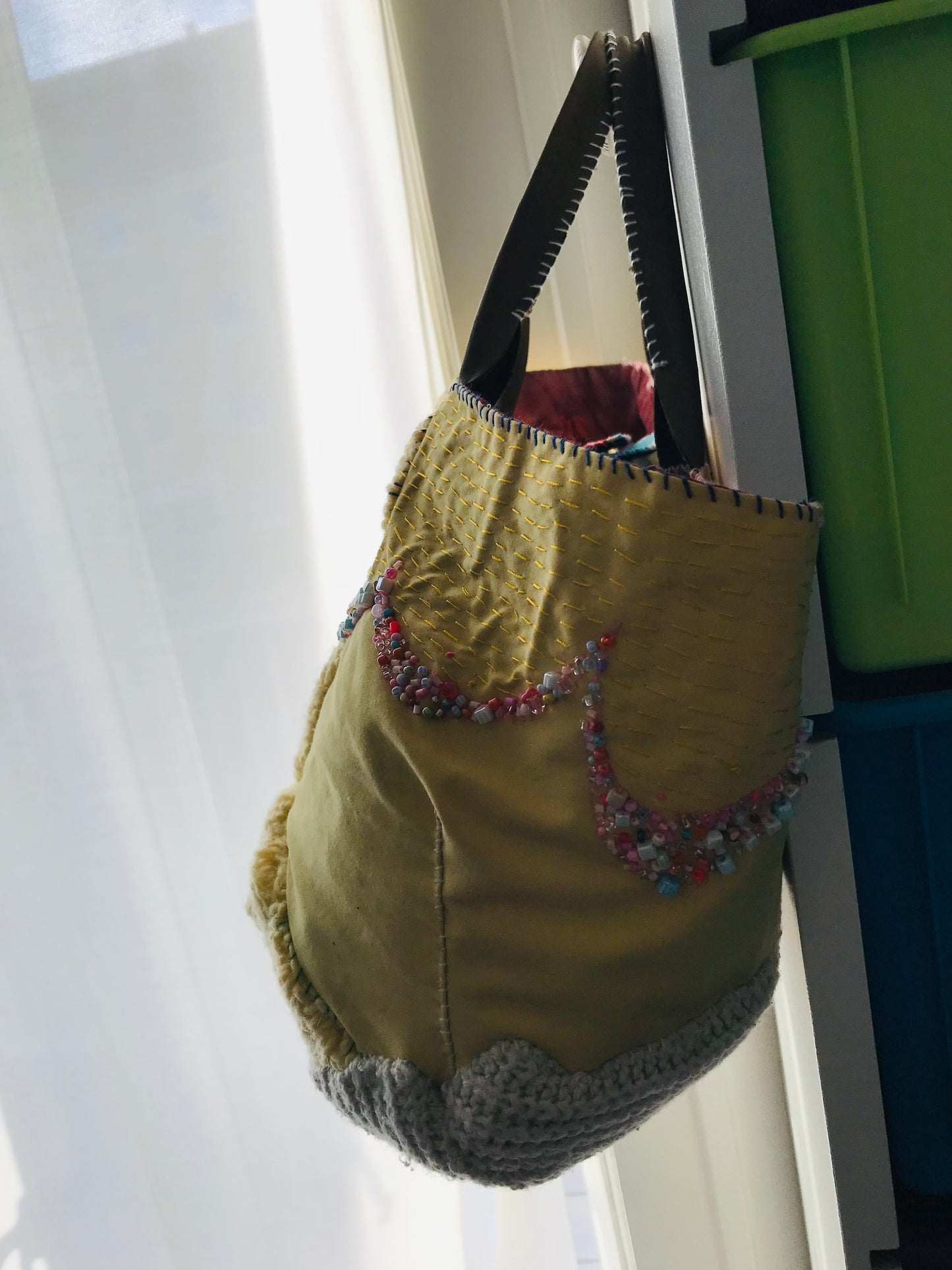 Taske håndsyet taske stof ægte læder håndtag håndlavet 1628