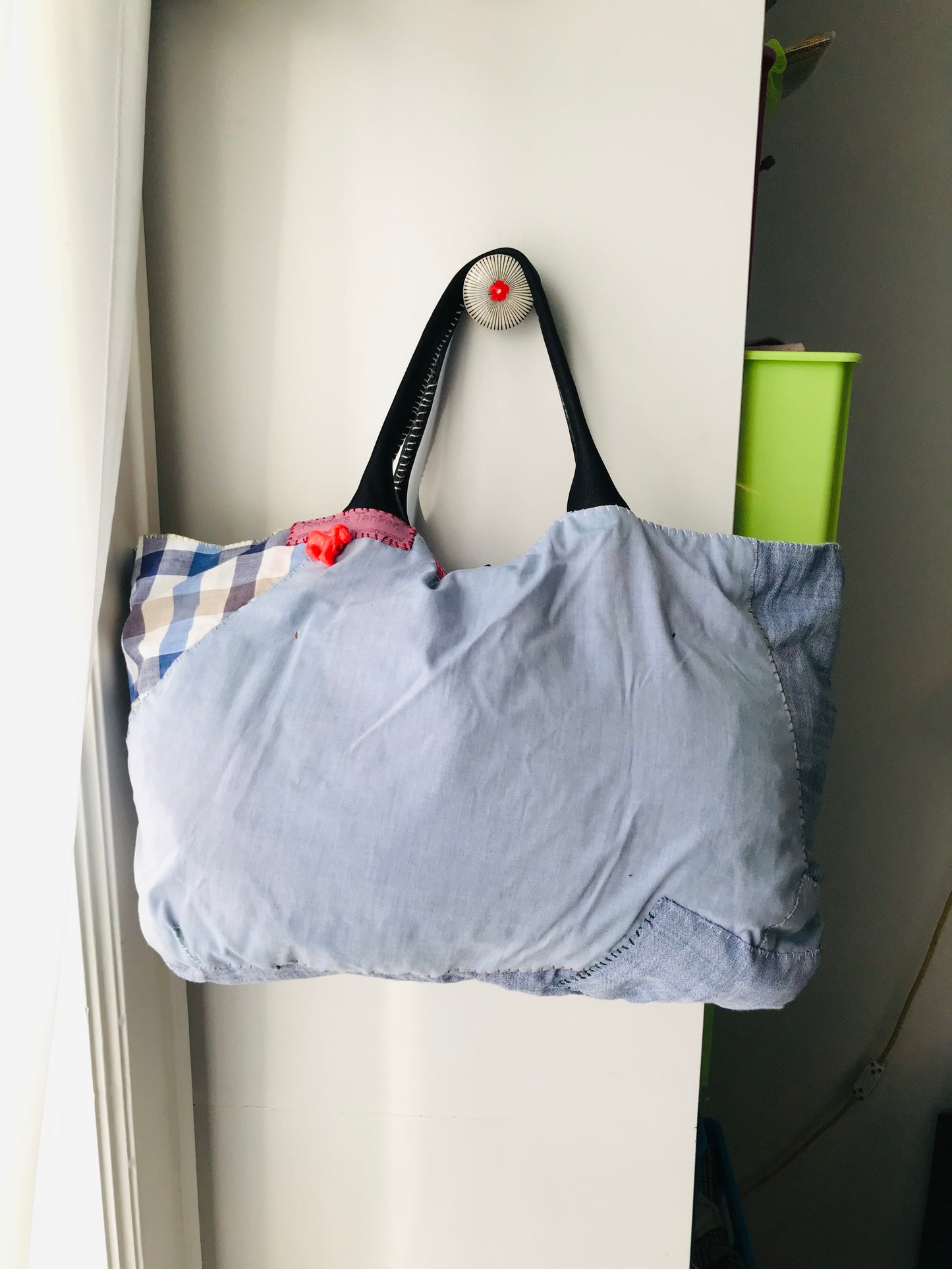 Taske håndsyet taske stof ægte læder håndtag håndlavet 1633