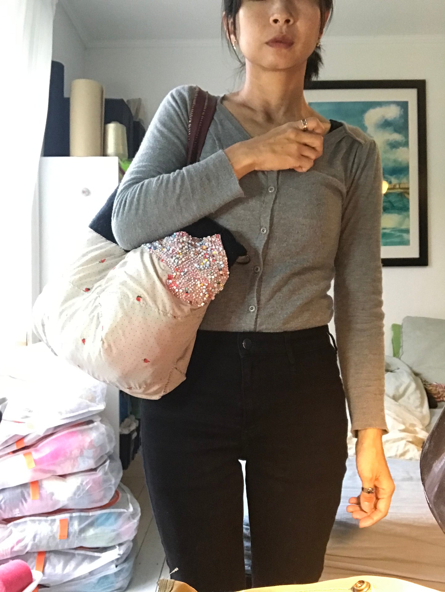 Taske håndsyet taske stof ægte læder håndtag håndlavet 1614