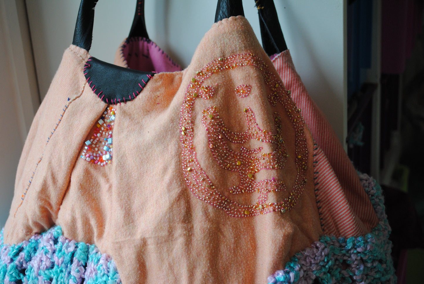 Taske håndsyet taske stof ægte læder håndtag håndlavet 1613