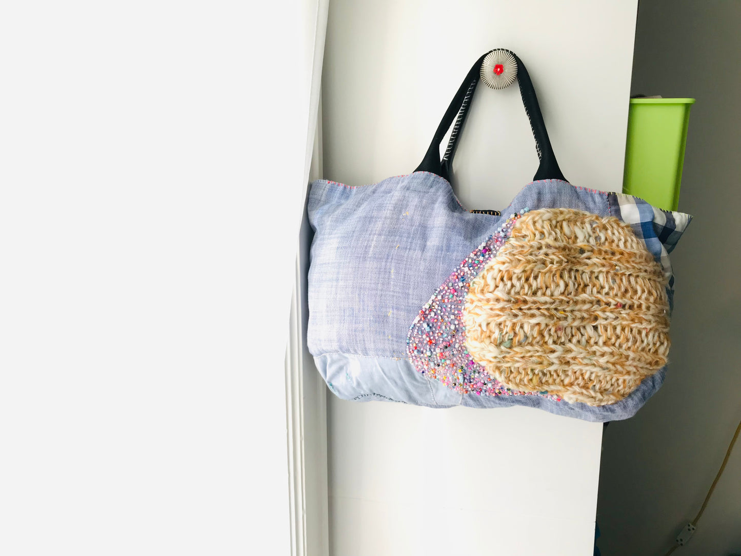 Taske håndsyet taske stof ægte læder håndtag håndlavet 1633