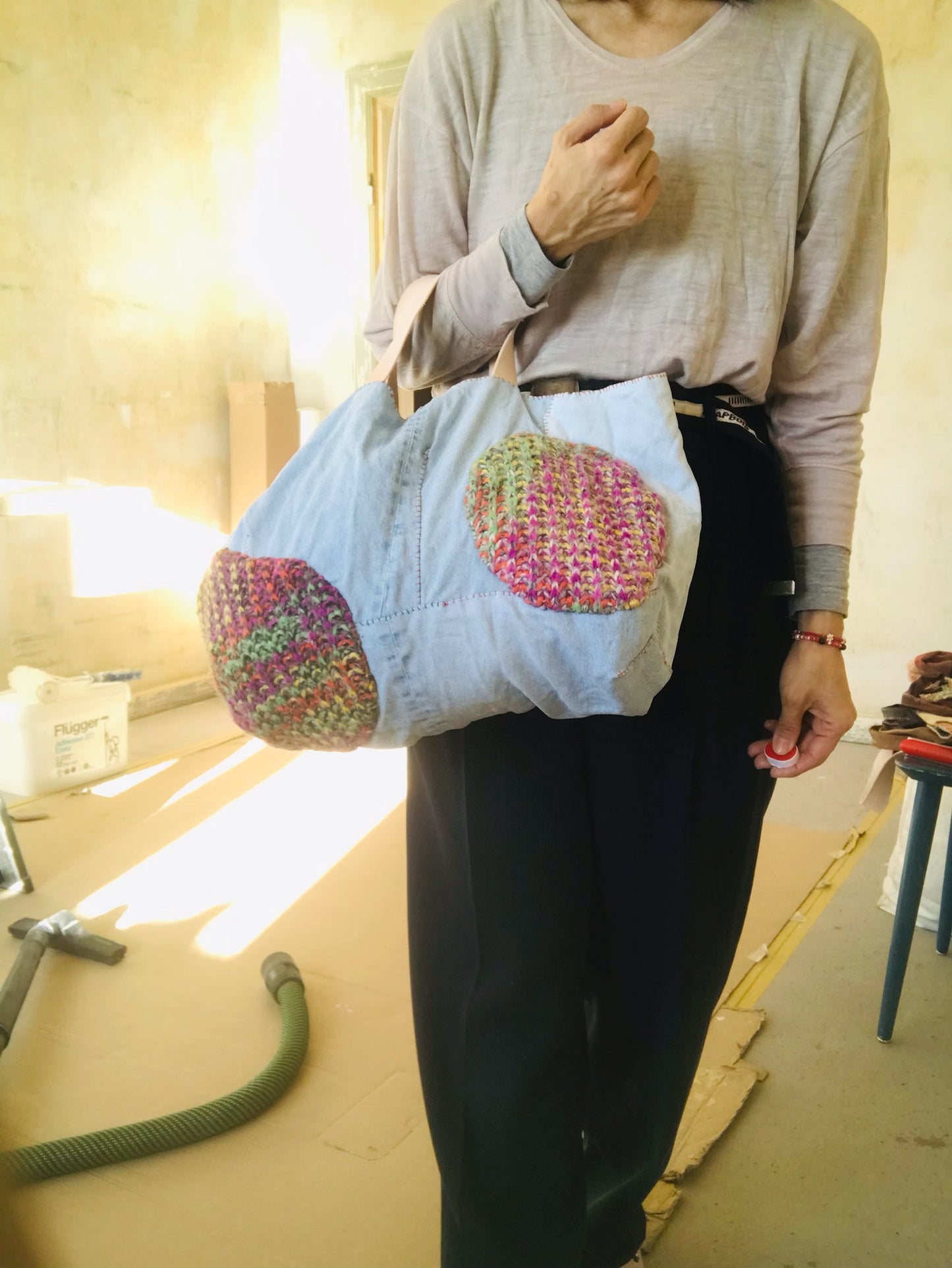 Taske håndsyet taske stof ægte læder håndtag slow fashion håndlavet 1669 