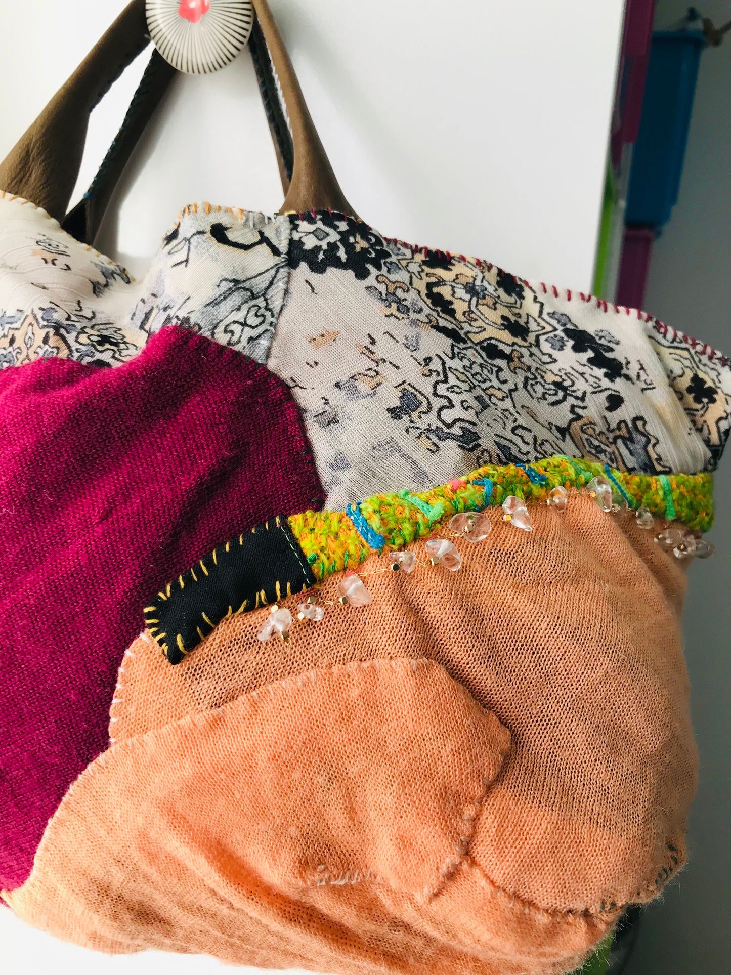 Taske håndsyet taske stof ægte læder håndtag håndlavet 1627