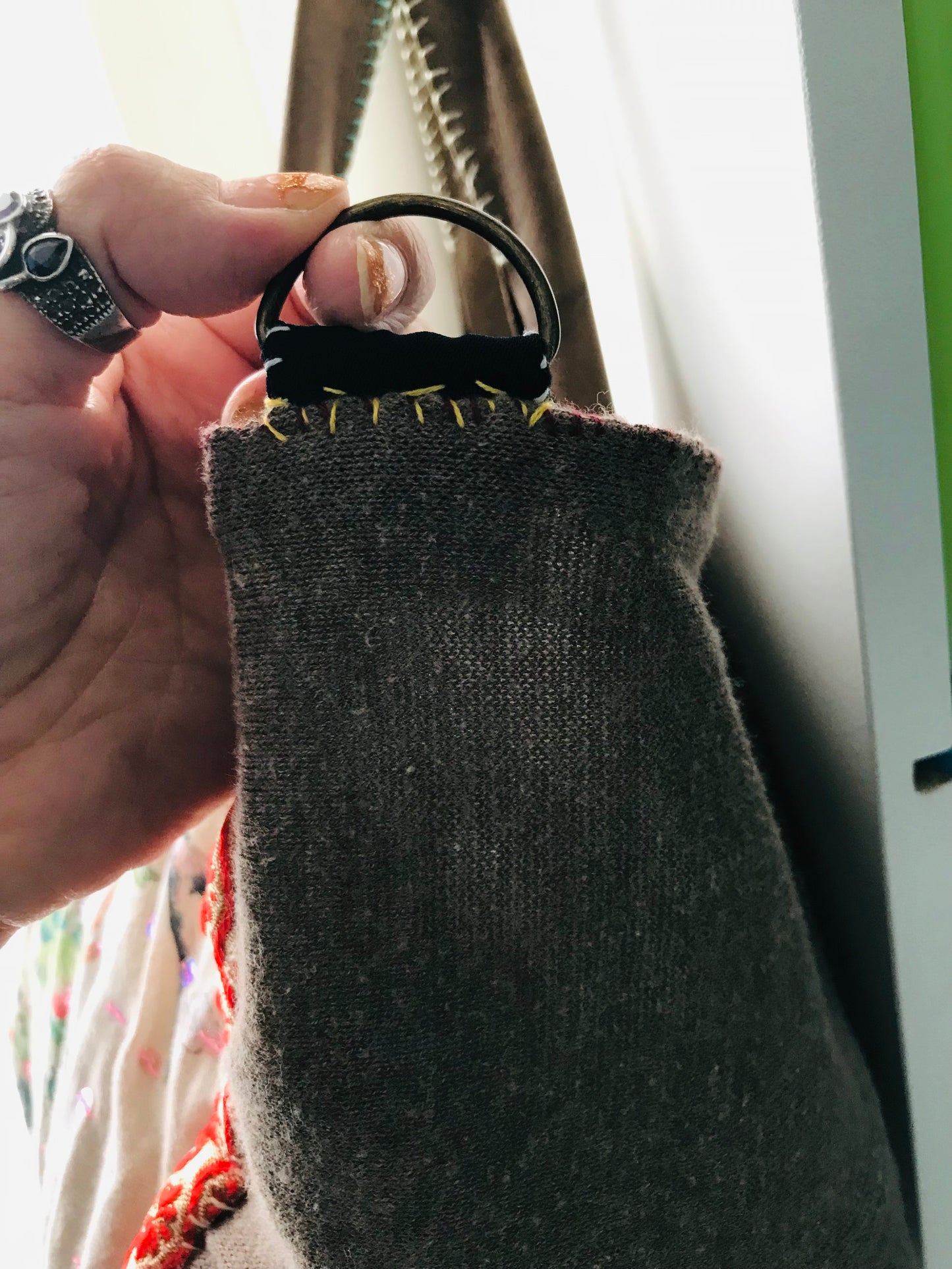 Taske håndsyet taske stof ægte læder håndtag håndlavet 1630 