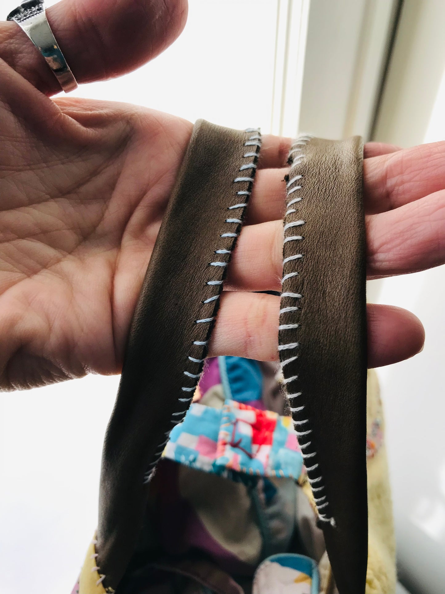 Taske håndsyet taske stof ægte læder håndtag håndlavet 1628