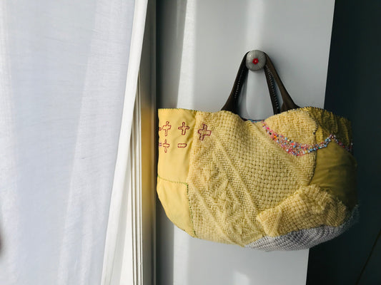 Taske håndsyet taske stof ægte læder håndtag håndlavet 1628