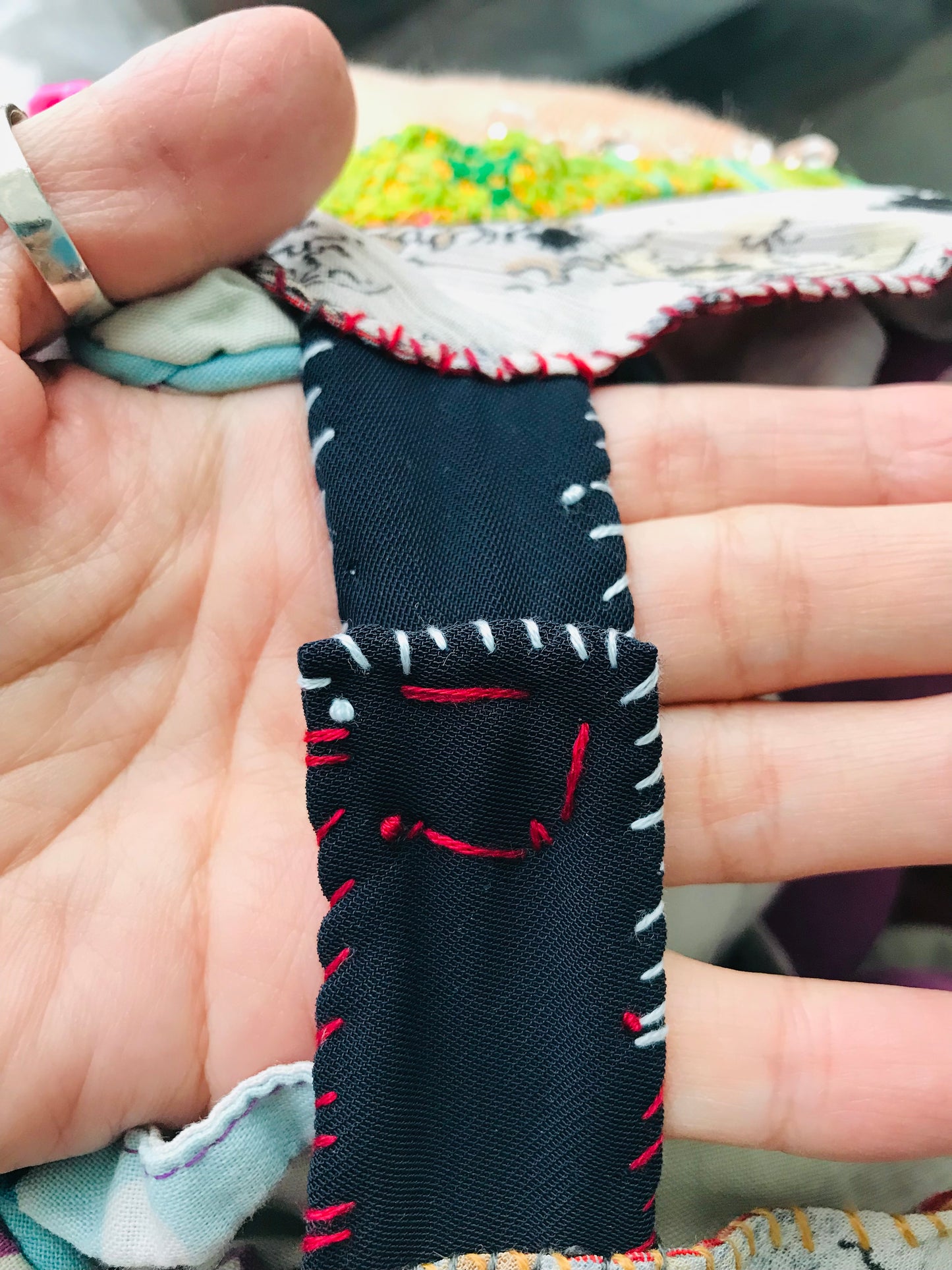 Taske håndsyet taske stof ægte læder håndtag håndlavet 1627