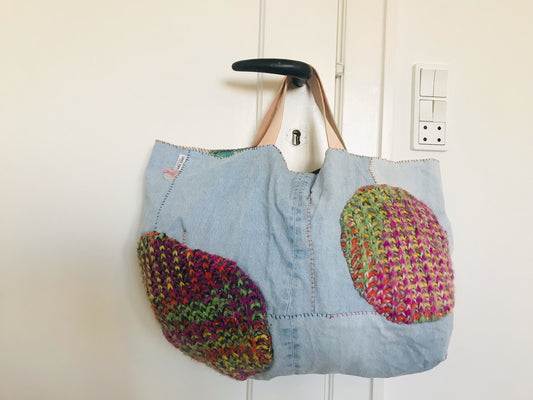 Taske håndsyet taske stof ægte læder håndtag slow fashion håndlavet 1669 