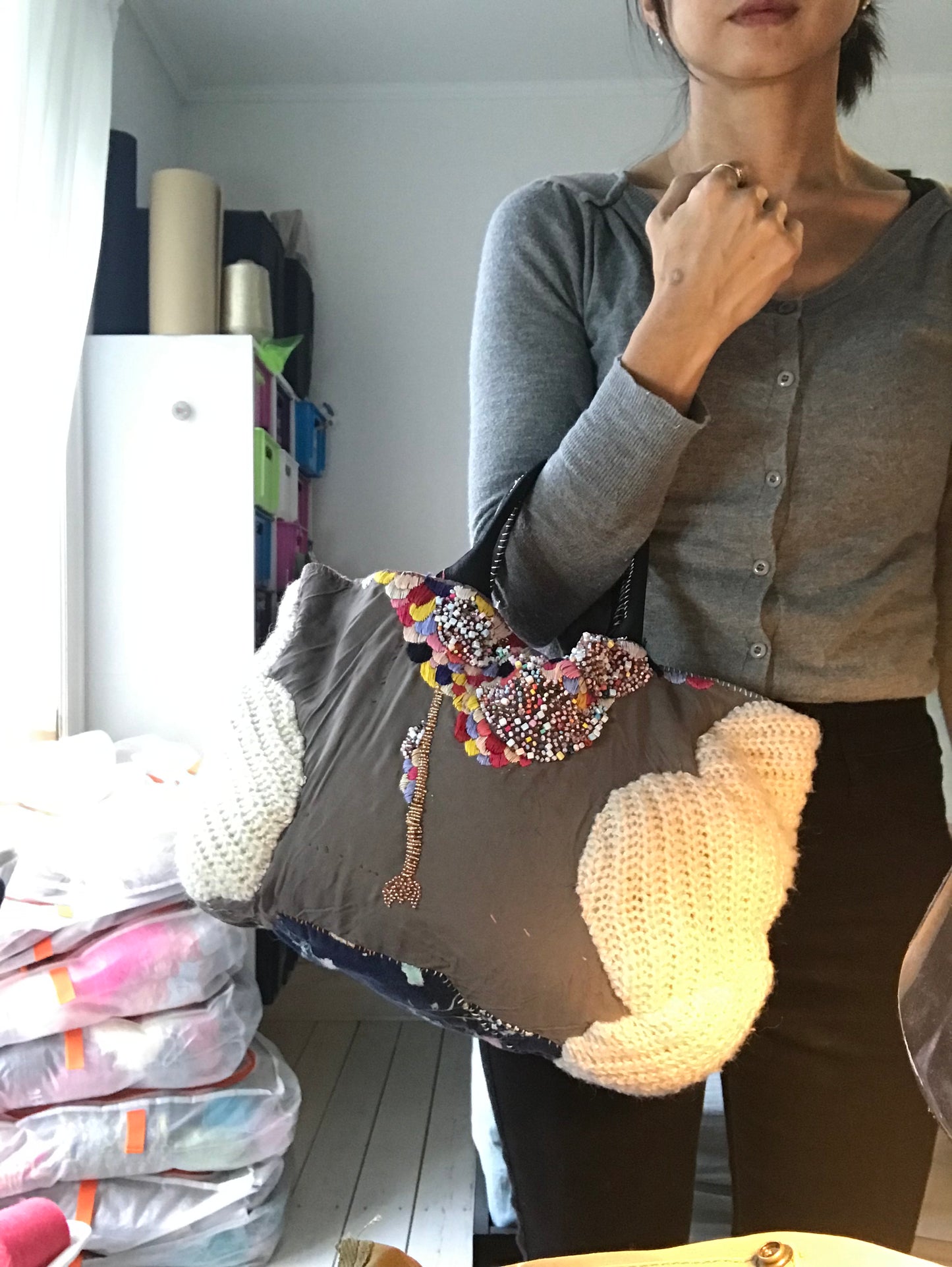 Taske håndsyet taske stof ægte læder håndtag håndlavet 1615